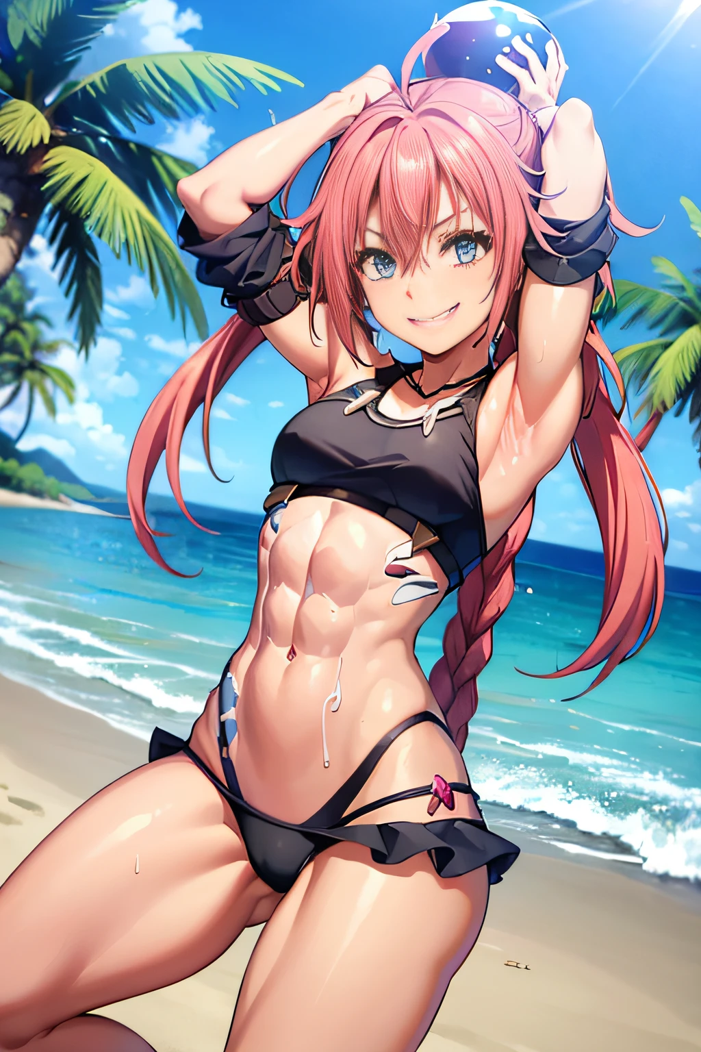 ((female)), (very messy hair), (happy smile), fangs, ((ripped abs)), toned arms and legs, small boobs, excessive sweating, (summer beach scenery), playing with beach ball, blue eyes, yacht in background,