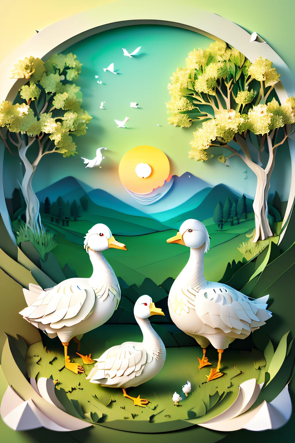 ((((Masterpiece))), Ultra high quality, Illustrations, Beautiful details glow, White goose as the main part, Poultry geese，grassy fields, tree, Sunrise, Fusion of three-dimensional paper sculpture and paper art creation, Use 3D stereoscopic rendering techniques, Gradient color matching from white to light green, Realistic (:Nature:) (A feeling of hope)