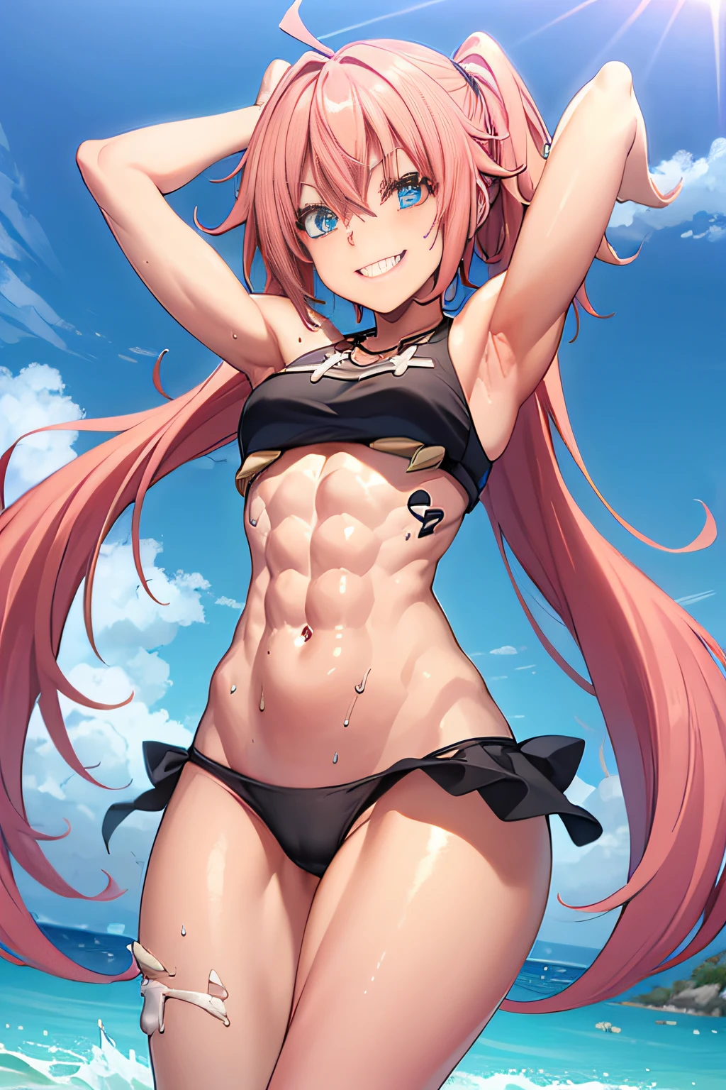 ((female)), (very messy hair), (happy smile), fangs, ((ripped abs)), toned arms and legs, small boobs, excessive sweating, (summer beach scenery), playing with beach ball, blue eyes, yacht in background,