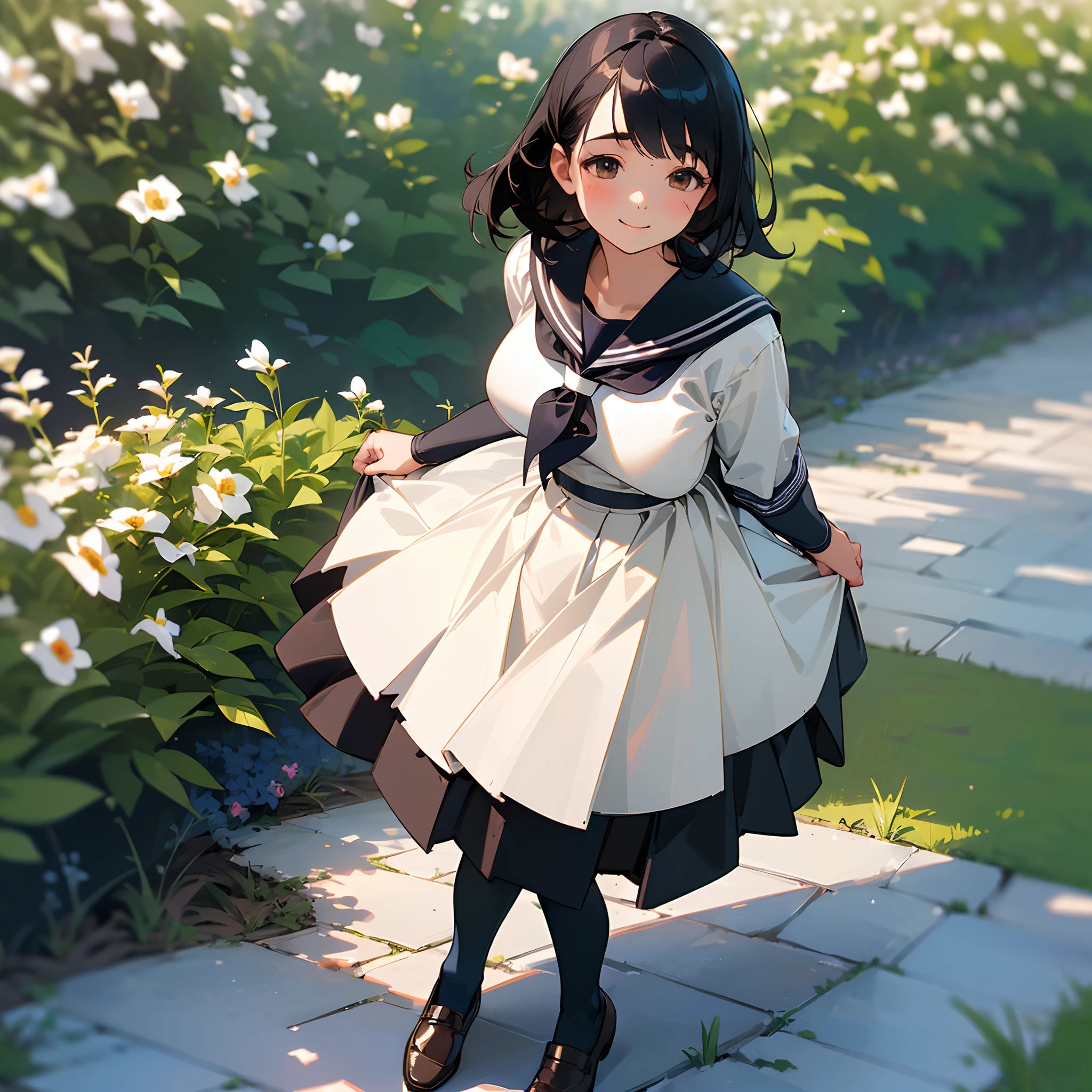 (Best Quality, hight resolution, Ultra-detailed, Realistic:1.37), peaceful ambiance, (plein air, garden), age girl standing alone, Beautiful detailed features, Cute smile, ((Black bob hair)),Navy blue sailor suit, Pleated skirt,Black tights,Brown leather shoes.