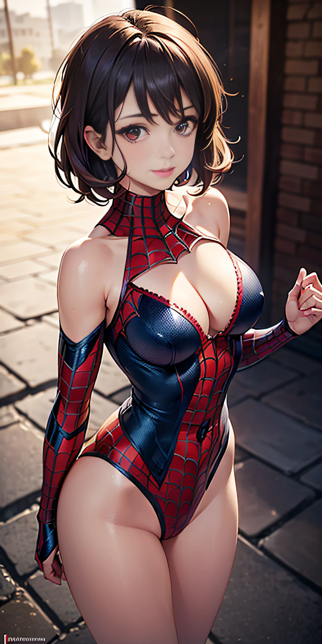 (cowboy photo, looking up), (spider-man costume), nsfw, front view, best quality, masterpiece, film grain, footage, solo1girl, looking at viewer, natural skin texture, intricate and realistic details of eyes and face, full lips, (makeup), red eye shadow, short fluffy hair, messy hair, smile, closed mouth, beautiful legs, tall woman, thin, thin legs, alone, Chest Medium rounded, cleavage, ((pose: face, waist and shoulders looking at the camera), beautiful natural location, (detailed background), cleavage, shows a little cleavage through the shirt, blurred background, blurred, depth of field, solar lighting on the part rear, 50mm canon eos camera