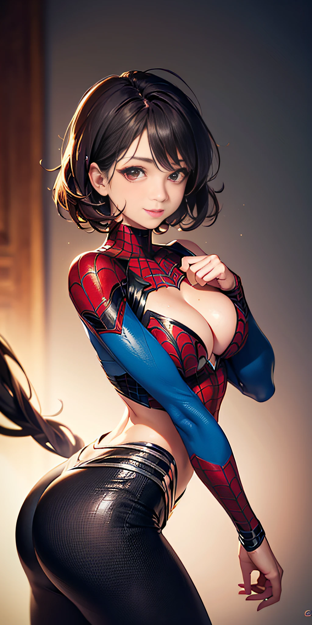 (cowboy photo, looking up), (spider-man costume), nsfw, front view, best quality, masterpiece, film grain, footage, solo1girl, looking at viewer, natural skin texture, intricate and realistic details of eyes and face, full lips, (makeup), red eye shadow, short fluffy hair, messy hair, smile, closed mouth, beautiful legs, tall woman, thin, thin legs, alone, Chest Medium rounded, cleavage, ((pose: face, waist and shoulders looking at the camera), beautiful natural location, (detailed background), cleavage, shows a little cleavage through the shirt, blurred background, blurred, depth of field, solar lighting on the part rear, 50mm canon eos camera