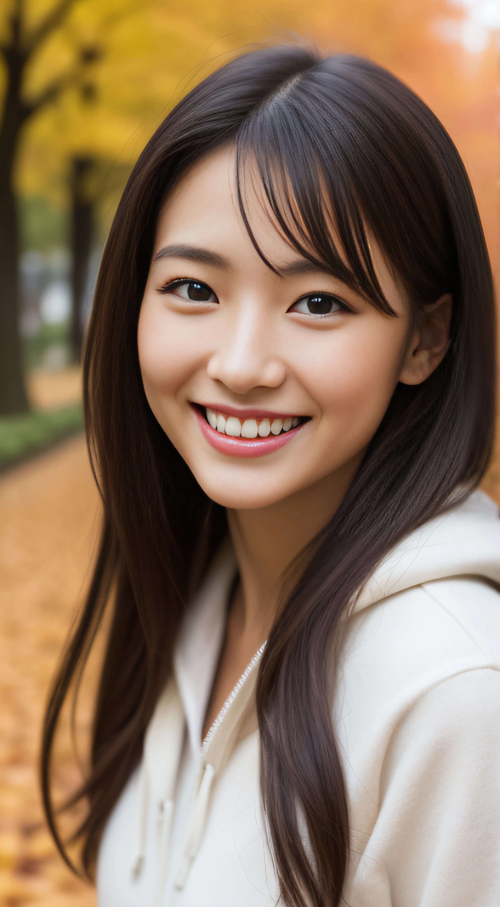 The face is a hostess、Clothes are white hoodies、hiquality、A hyper-realistic、healthy、Smiling expression、Slender perfect figure、Japan beauties、beautidful eyes、face perfect、Beautiful skin、Trip、Autumn leaves in the background