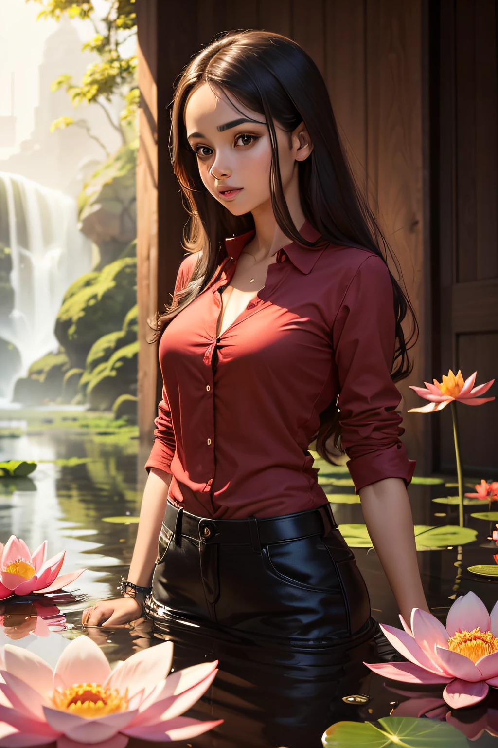 Samia, garota, sozinho, camisa, looking towards you, rosto, perfeito, flor, alta qualidade, radiante, cavalo, divino, camisa vermelha, veludo vermelho, water, oceano, lotuses