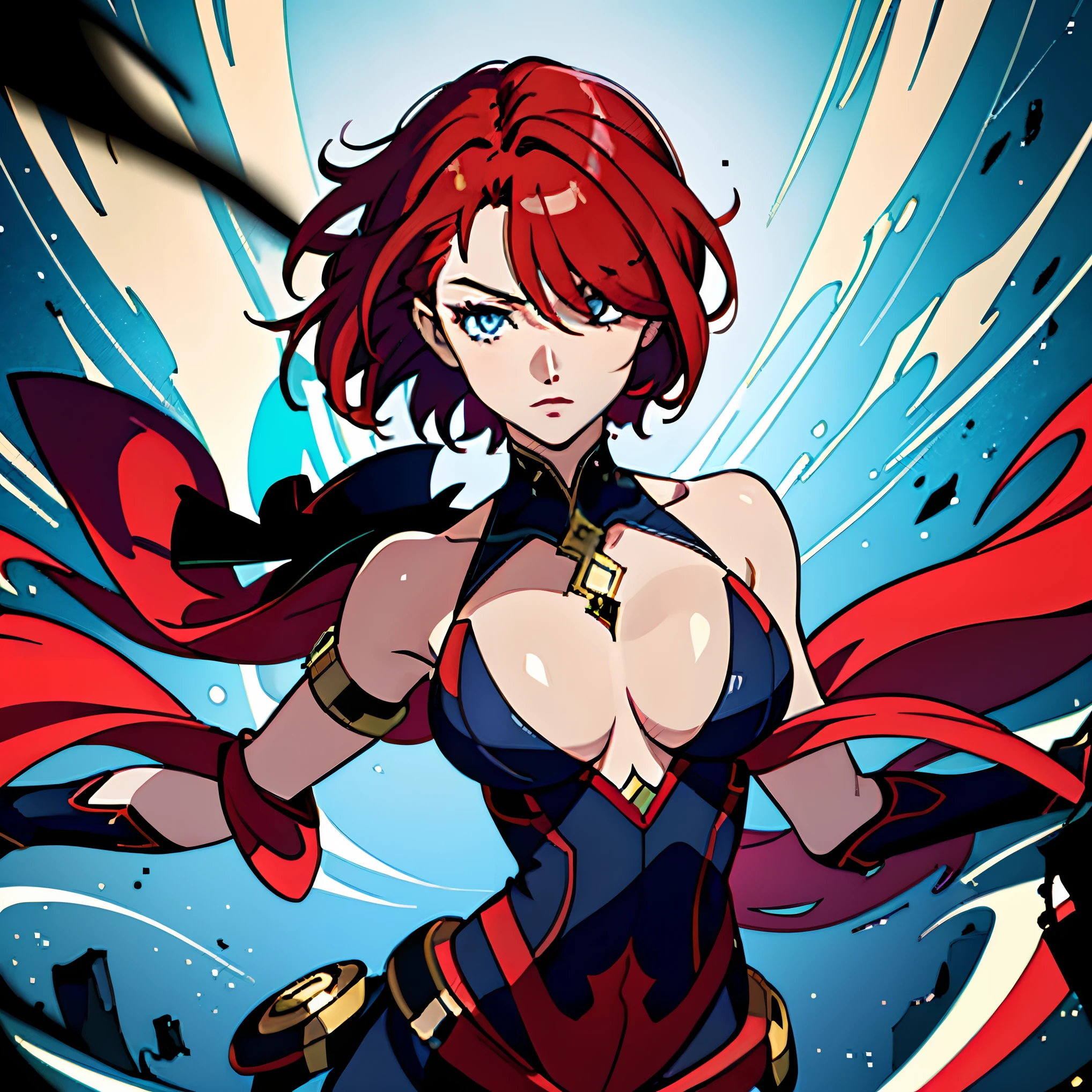 anime girl with red hair and a cape in a blue and red dress, portrait of a female anime hero, ryuko matoi, cushart krenz key art feminine, official character art, female protagonist 👀 :8, attractive matoi ryuko, guilty gear strive splash art, ayaka genshin impact, fighting game character, samira from league of legends