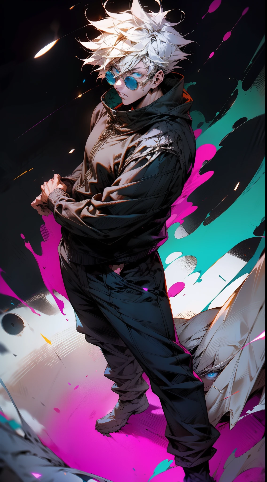 masterpiece, best quality, 1boy, (Gojo), jujutsu kaisen, short hair, white hair, standing, black clothes, sunglasses, aura power, night, natural light, flying above the city, electric background, blue eyes, detailed face, detailed eyes, male focus, movie composition, deth of field, bokeh, (futuristic), (full body), (masterpiece), best quality, expressive eyes, perfect face,