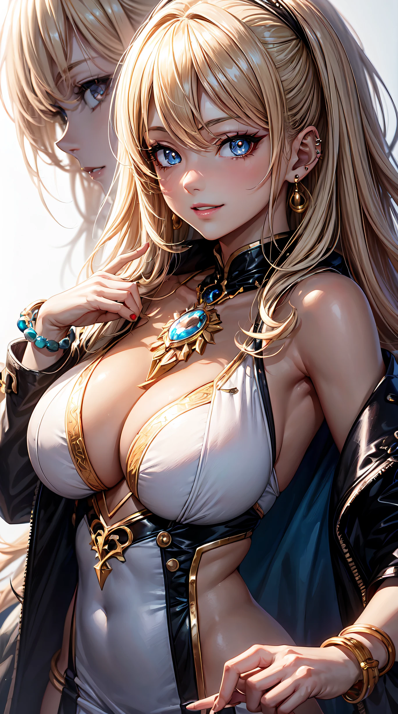 (anime style),masterpiece, best quality, ultra-detailed, glistening shiny, glowing light, ray tracing, HDR, deph of field, (perfect face, detailed face, detailed eyes),(big boobs:1.2),8k,HD,ultra realistic face,ray tracing,perfect lighting,best quality, ultra-detailed, shiny eyes, (looking at viewer,sensual smile:1.1), ((1girl)), (gyaru, mature female:1.4),hourglass_body shape, marin,long hair,((Beautiful hair)),black eyes, gradient eyes, (glowing eyes:1.1), (fashion make up), parted lips, long coat, piercing, ear piercing, bright pupils, bead bracelet, (((white background)), sensual poses.