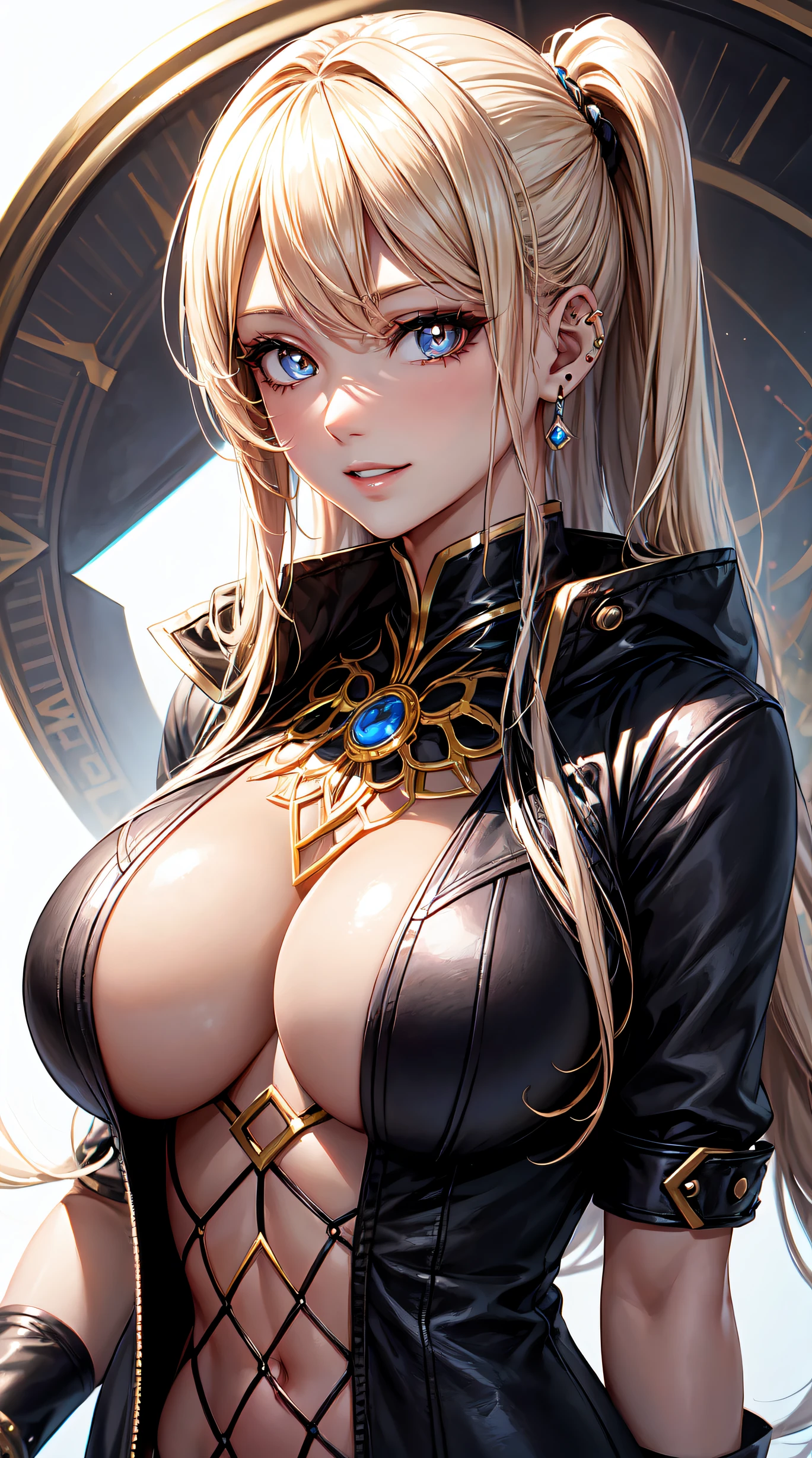 (anime style),masterpiece, best quality, ultra-detailed, glistening shiny, glowing light, ray tracing, HDR, deph of field, (perfect face, detailed face, detailed eyes),(big boobs:1.2),8k,HD,ultra realistic face,ray tracing,perfect lighting,best quality, ultra-detailed, shiny eyes, (looking at viewer,sensual smile:1.1), ((1girl)), (gyaru, mature female:1.4),hourglass_body shape, marin,long hair,((Beautiful hair)),black eyes, gradient eyes, (glowing eyes:1.1), (fashion make up), parted lips, long coat, piercing, ear piercing, bright pupils, bead bracelet, (((white background)), sensual poses.