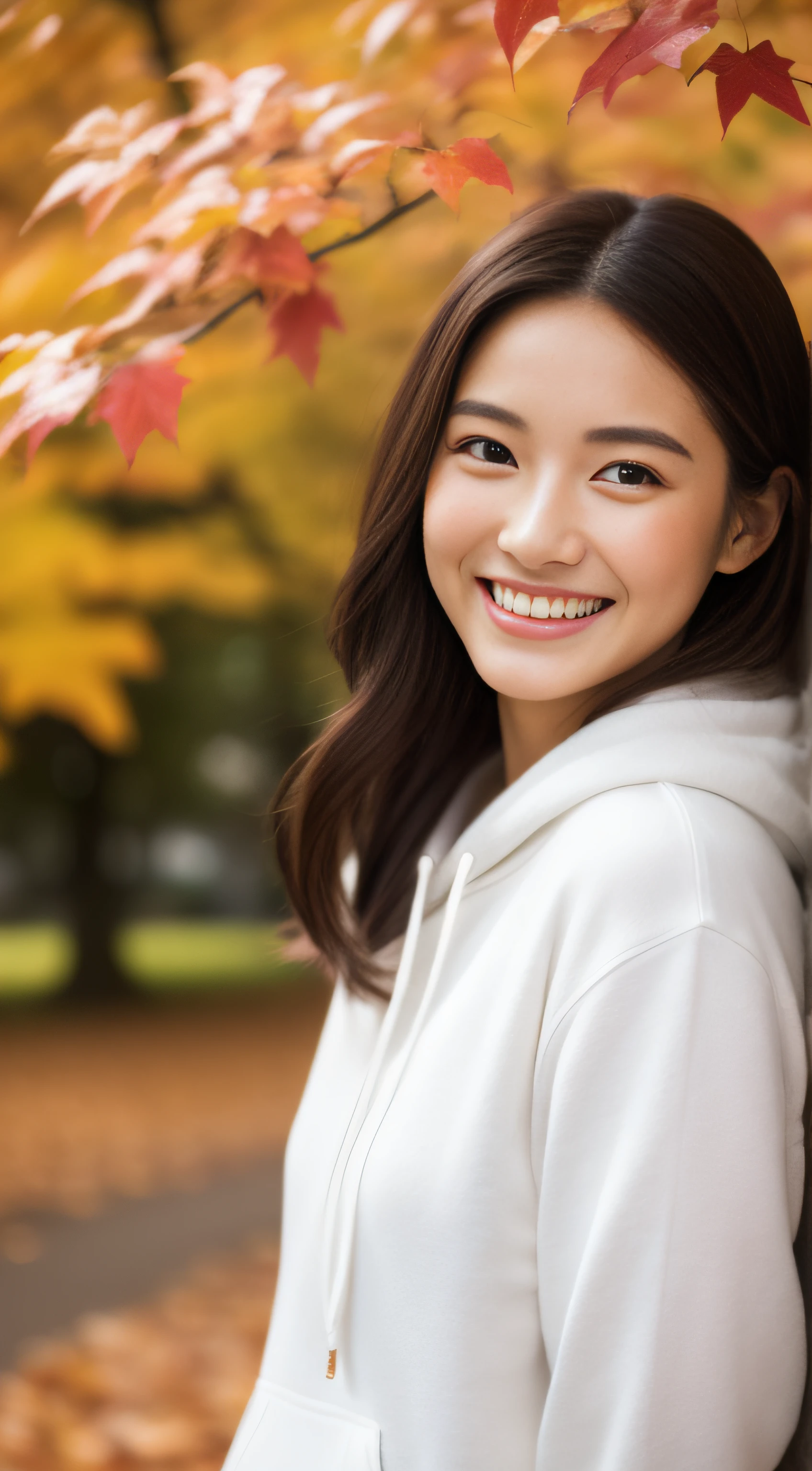 The face is a hostess、Clothes are white hoodies、hiquality、A hyper-realistic、healthy、Smiling expression、Slender perfect figure、Japan beauties、beautidful eyes、face perfect、Beautiful skin、Trip、Autumn leaves in the background