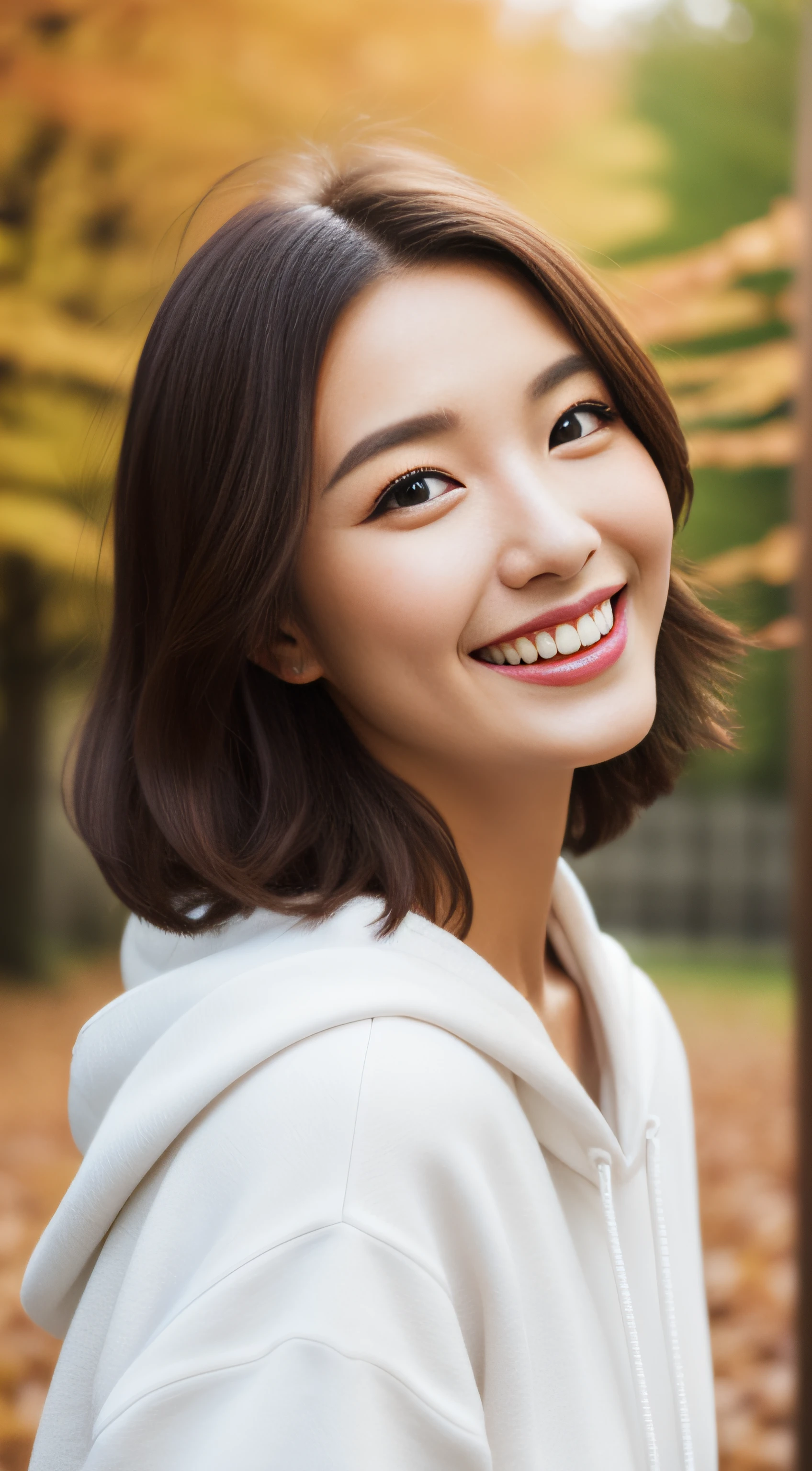 The face is a hostess、Clothes are white hoodies、hiquality、A hyper-realistic、healthy、Smiling expression、Slender perfect figure、Japan beauties、beautidful eyes、face perfect、Beautiful skin、Trip、Autumn leaves in the background