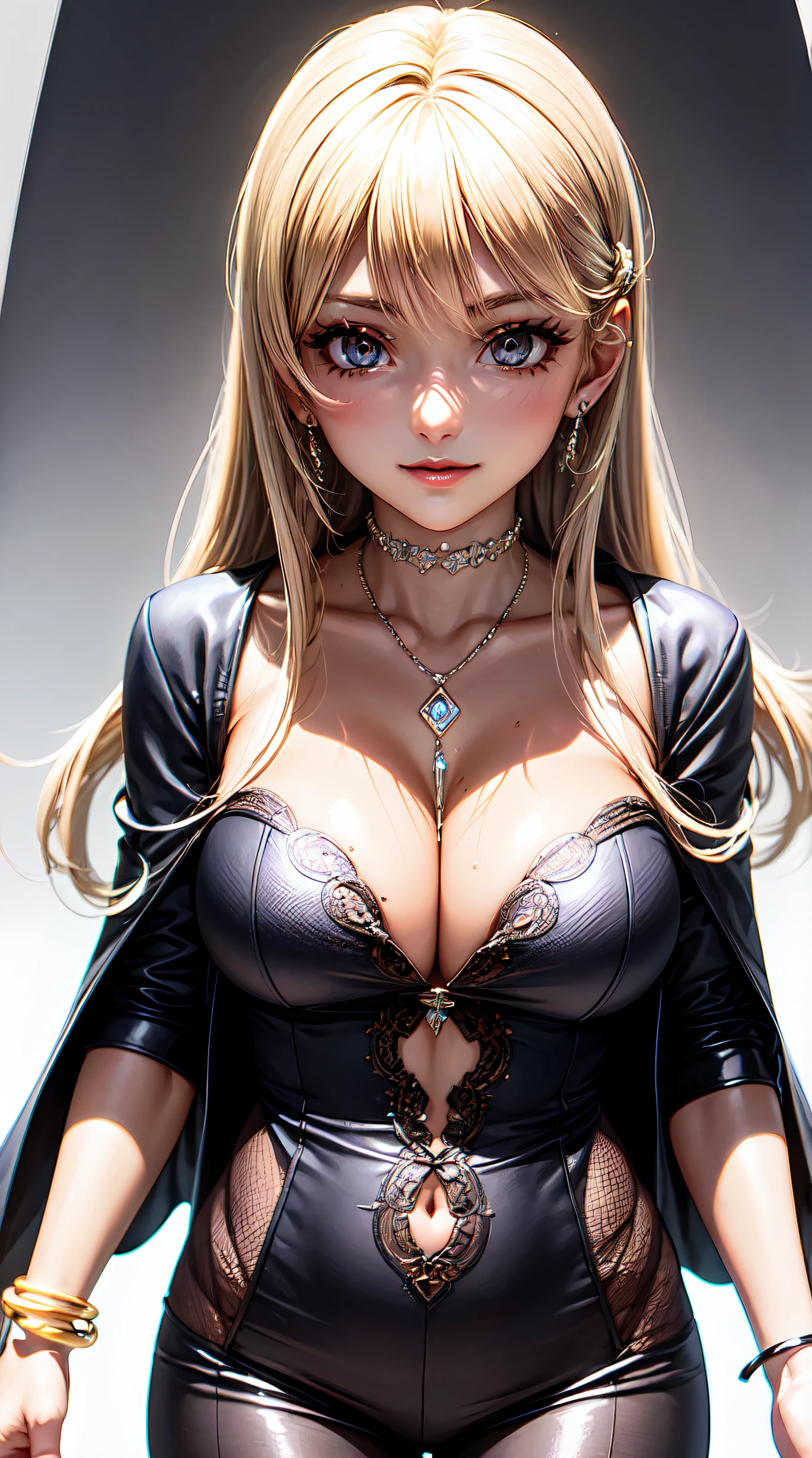 (anime style),masterpiece, best quality, ultra-detailed, glistening shiny, glowing light, ray tracing, HDR, deph of field, (perfect face, detailed face, detailed eyes),(big boobs:1.2),8k,HD,ultra realistic face,ray tracing,perfect lighting,best quality, ultra-detailed, shiny eyes, (looking at viewer,sensual smile:1.1), ((1girl)), (gyaru, mature female:1.4),hourglass_body shape, marin,long hair,((Beautiful hair)),black eyes, gradient eyes, (glowing eyes:1.1), (fashion make up), parted lips, long coat, piercing, ear piercing, bright pupils, bead bracelet, (((white background)), sensual poses.