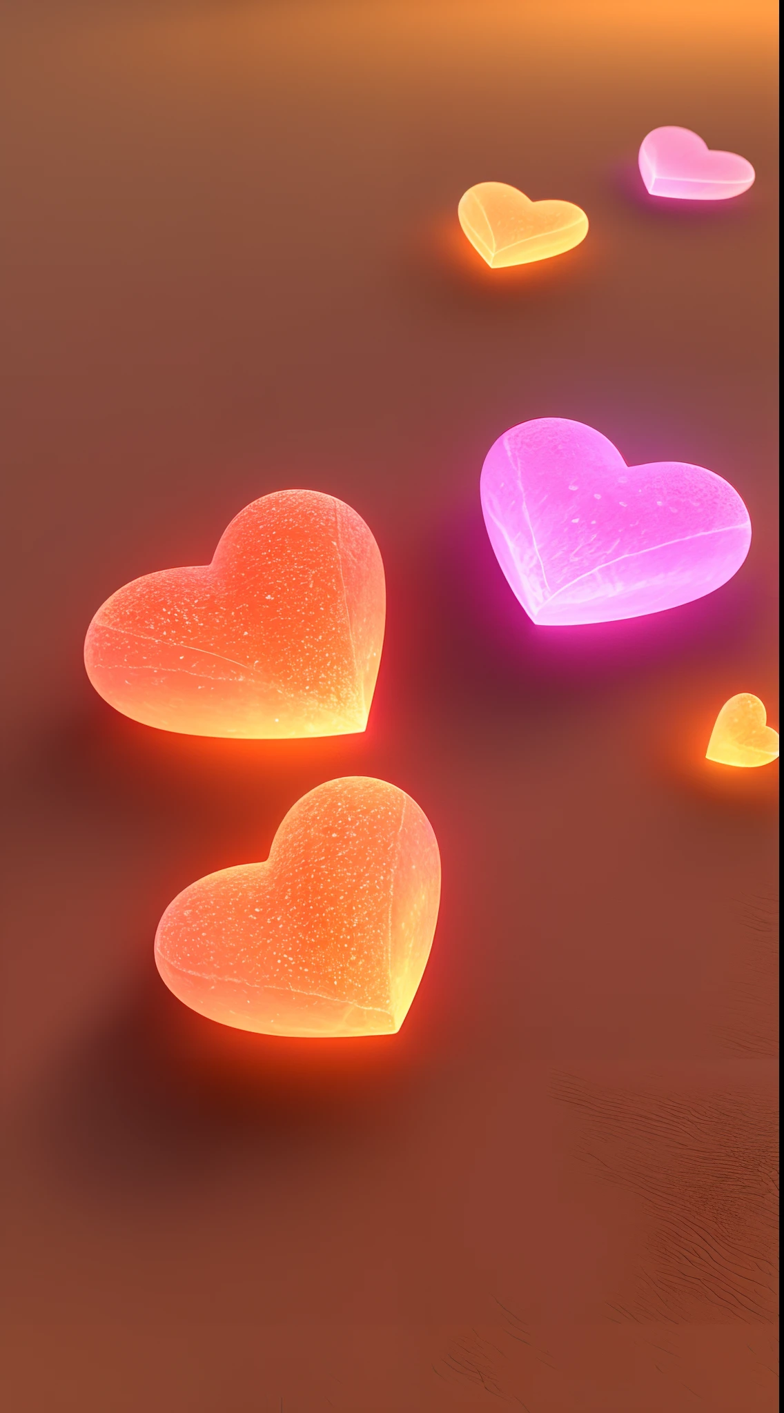 There are three hearts on one stone in the sand, glowing crystals on the ground, cave glowing stones, several hearts, cute 3 d render, Many hearts, glowing colors, luminescent colors, Renders, red peach, soft 3d render, depicted as a 3 d render, Colorful glow, Romantic!!!, pretty colors, wallpaper - 1 0 2 4, 3D CG