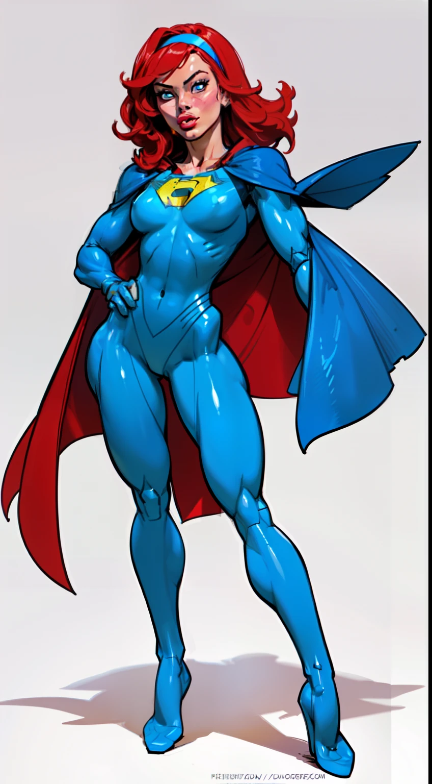 ((masterpiece)),(((best quality))),((character design sheet)), ((full body view)) illustration,(female superhero), muscular, ((blue bodysuit:1.5)), superhero, (light red hair:1.0), (blue cape:1.7) ((detailed face:1.4)) beautiful woman, (hairband:1.6) (small head:1.2) ((small breasts:1.4)) (red thighhighs:1.3) shiny skin, (yellow logo on chest:1.4)(puffy lips:1.5), (full lips:1.4) (wide hips:1.3), hip dips, detailed lips, (red gloves:1.2) rough sketches, pose, 8k,16k, (simple background, white background: 1.3)