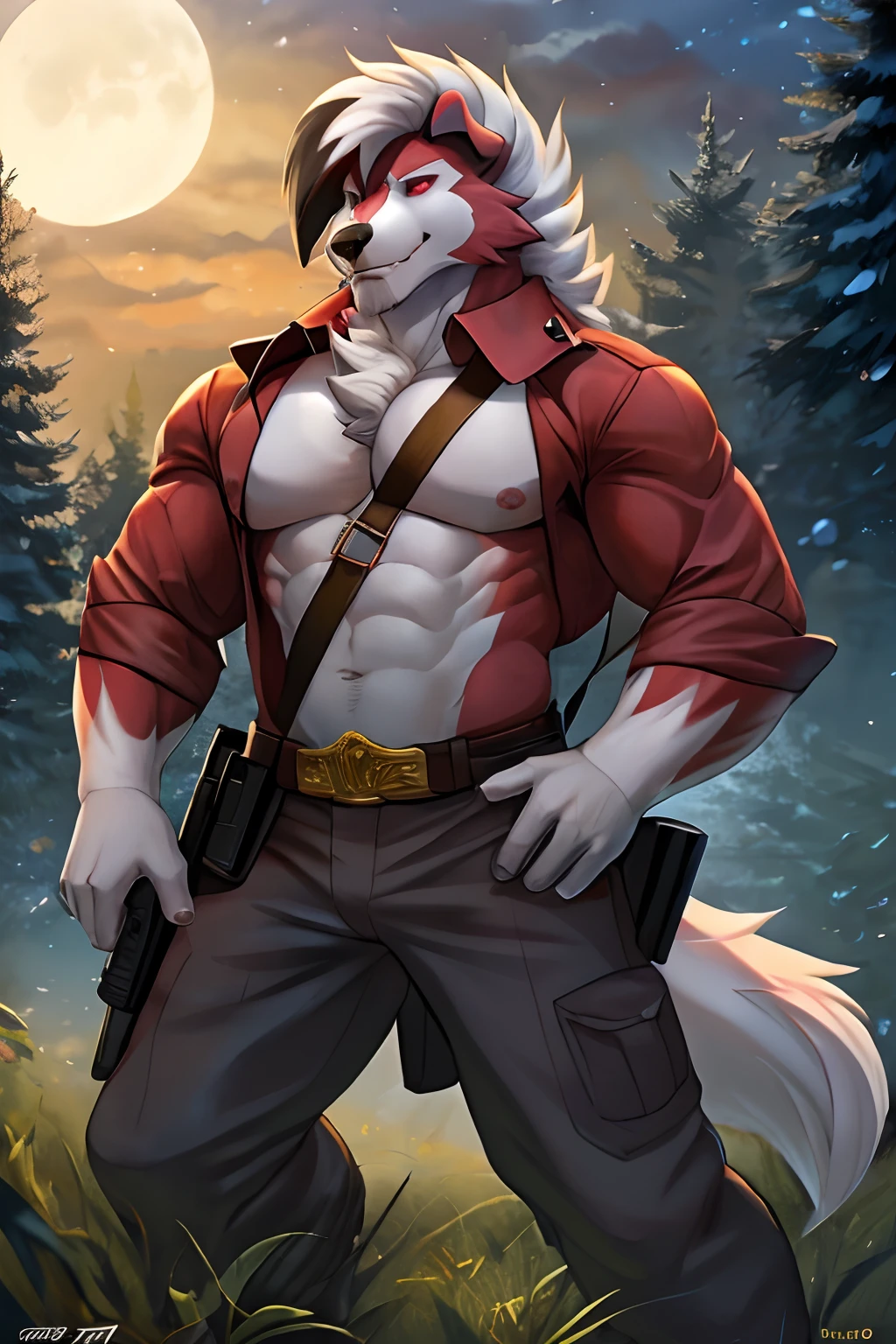 seguro, Beautiful, incredible, impressionante, poster, sozinho, (Twilight Lycanroc), antro, Clothes, usando roupas da segunda guerra alemanha , jaqueta de couro, with a gun in hand, com chapeu de general, Pants, Antecedentes detalhados, cidade, Outside, corpo fisico forte, grande peitorais estufados marcado na roupa de guerra alemanha grandes, macho, man, men