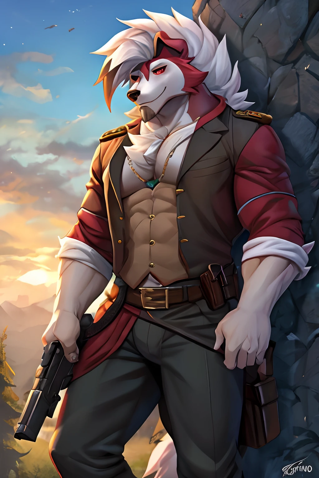 seguro, Beautiful, incredible, impressionante, poster, sozinho, (Twilight Lycanroc), antro, Clothes, usando roupas da segunda guerra alemanha , jaqueta de couro, with a gun in hand, com chapeu de general, Pants, Antecedentes detalhados, cidade, Outside, corpo fisico forte, grande peitorais estufados marcado na roupa de guerra alemanha grandes, macho, man, men