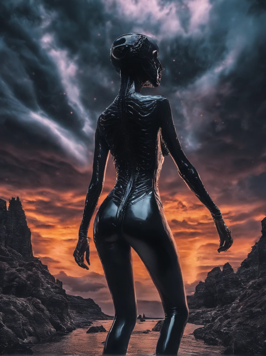 (back view, naked woman, STANDING LEGS APART, black patent high heels, black latex stockings, black latex gloves) dramatic angle, extreme angle shot, low-angle shot, wide-angle shot, dark moody storm-clouds sky, lovecraftian,visceral,nightmare,tentacles,dreadful humanoid,imagination,fantastical,dramatic,dark tones,paranormal,macro lens,surreal juxtaposition,lovecraftian,cosmic horror,horror,c'thulhu background