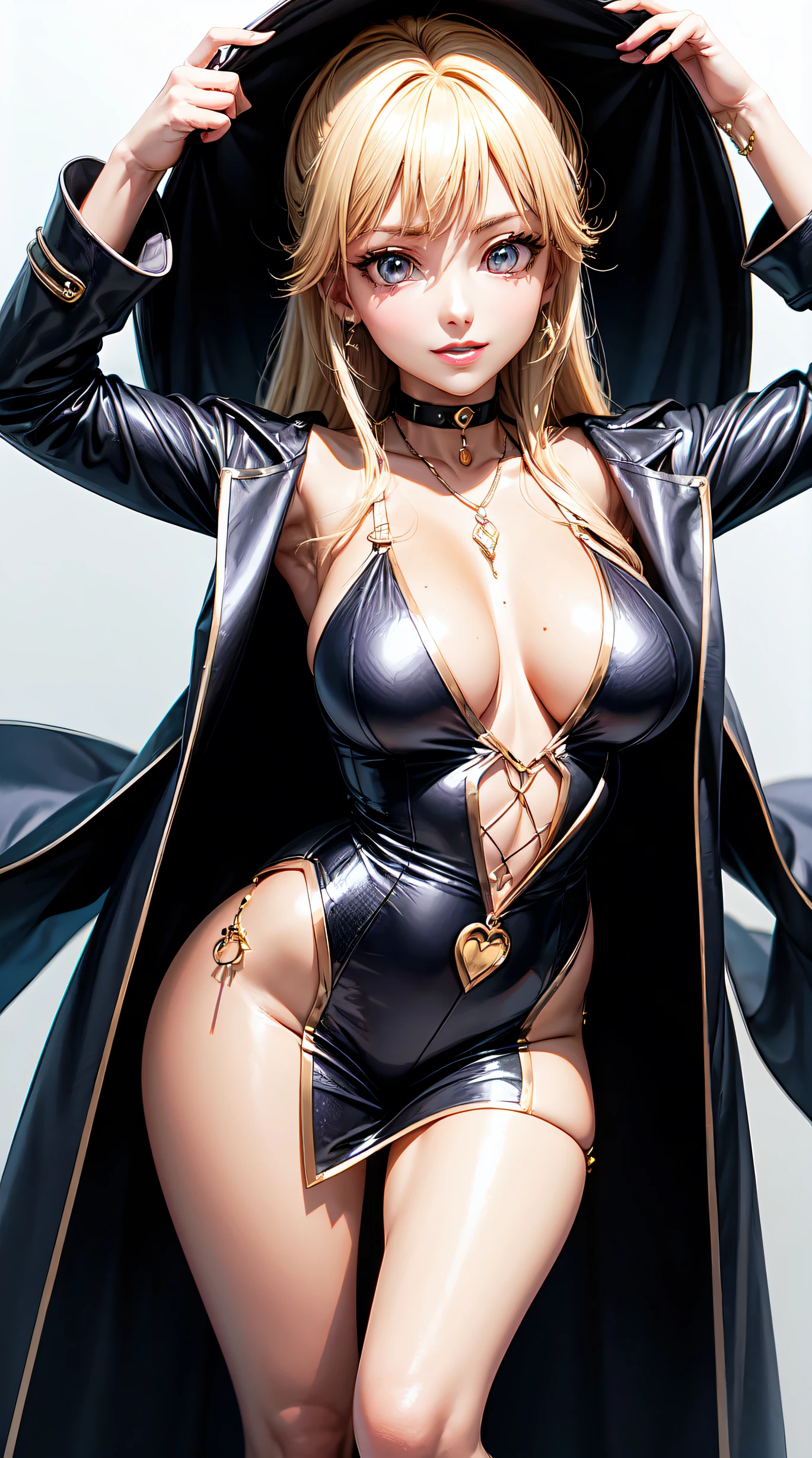 (anime style),masterpiece, best quality, ultra-detailed, glistening shiny, glowing light, ray tracing, HDR, deph of field, (perfect face, detailed face, detailed eyes),(big boobs:1.2),8k,HD,ultra realistic face,ray tracing,perfect lighting,best quality, ultra-detailed, shiny eyes, (looking at viewer,sensual smile:1.1), ((1girl)), (gyaru, mature female:1.4),hourglass_body shape, marin,long hair,((Beautiful hair)),black eyes, gradient eyes, (glowing eyes:1.1), (fashion make up), parted lips, long coat, piercing, ear piercing, bright pupils, bead bracelet, (((white background)), sensual poses.