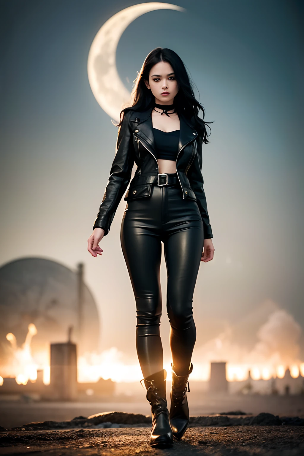 1girl, long curly black hair, brown eyes, wearing black leather jacket, black leather long pants, black boots, city, high res, ultrasharp, 8K, masterpiece, looking at viewer, full body photo, magnificent scene, epic scenes, gothic, moon, fire spell, smoke, sparks, magic, battle