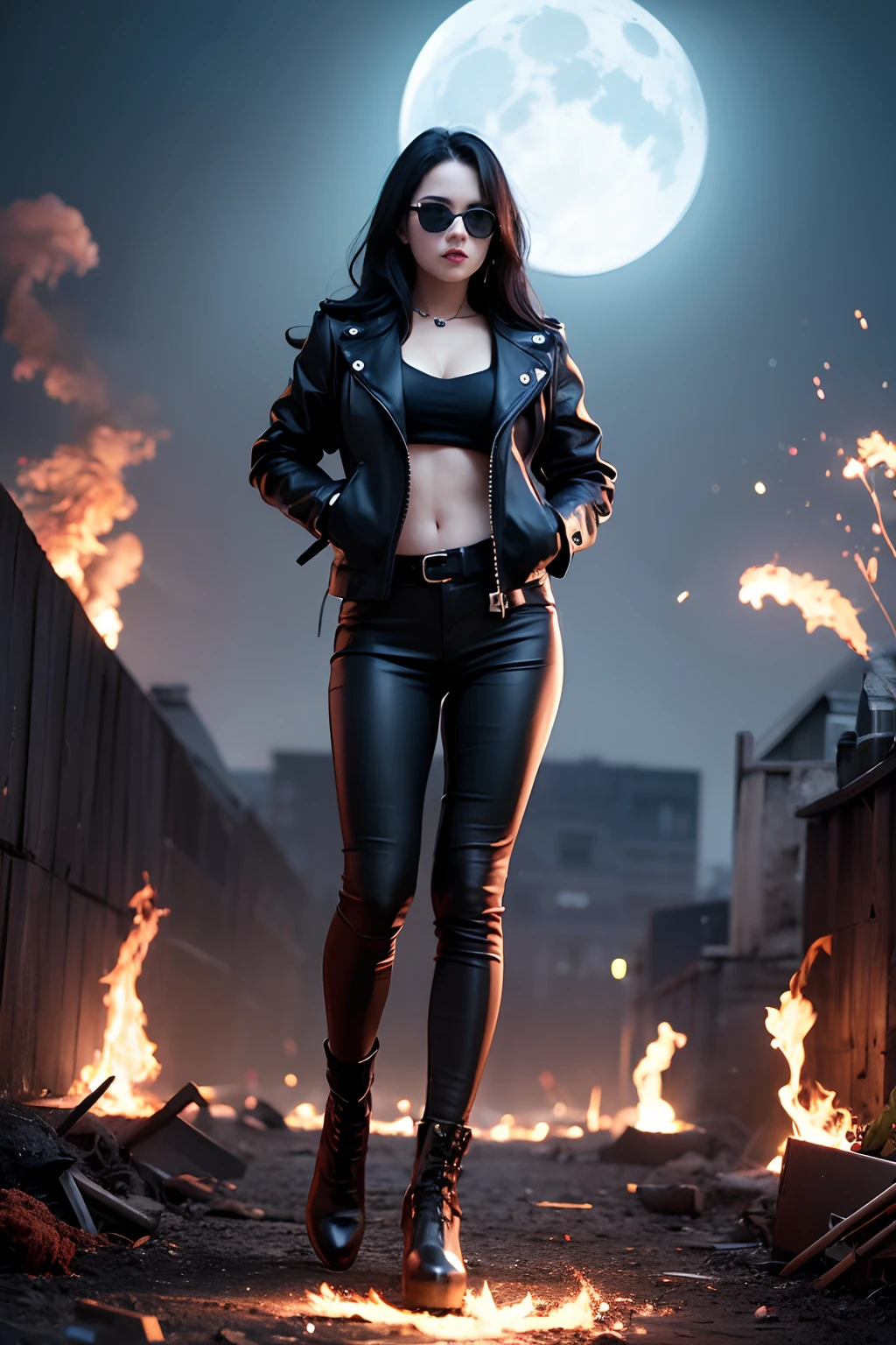 1girl, long curly black hair, brown eyes, wearing black leather jacket, black leather long pants, black boots, city, high res, ultrasharp, 8K, masterpiece, looking at viewer, full body photo, magnificent scene, epic scenes, gothic, moon, fire spell, smoke, sparks, magic, battle, black sunglasses