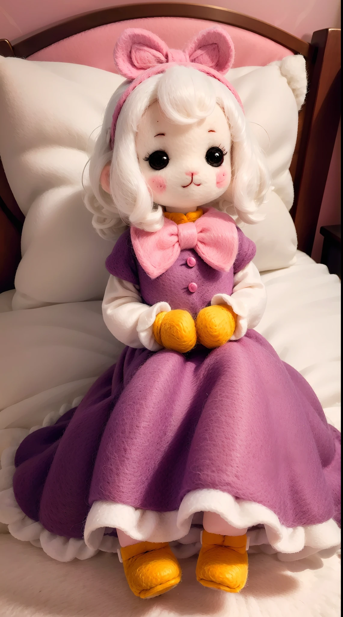 wool felt,Felt,plush ,adolable,Masterpiece, Best quality, Super detailed, illustration, Close up, A girl. It is white hair, Pink bow, dress in yellow,sit on a bed.