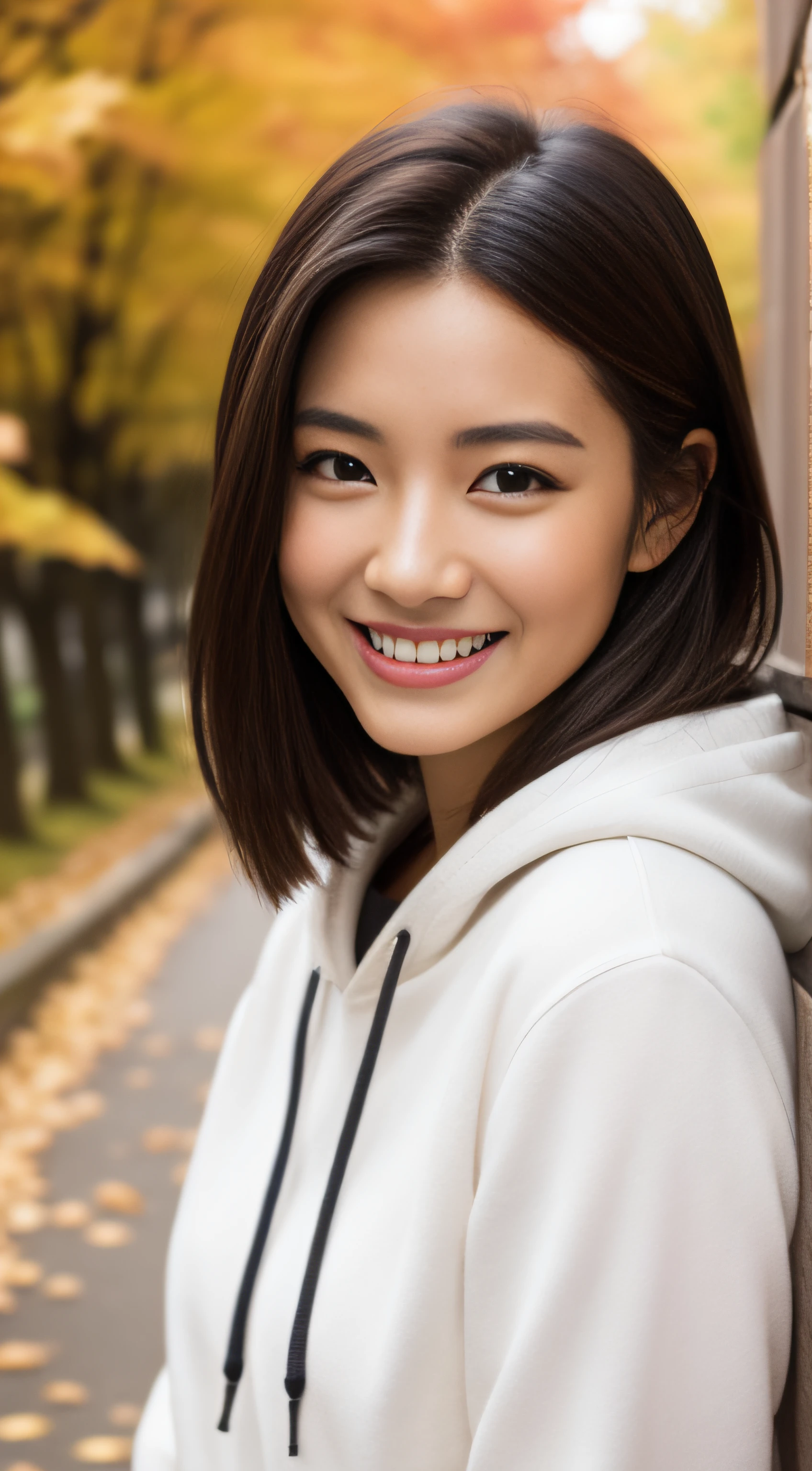 The face is a hostess、Clothes are white hoodies、hiquality、A hyper-realistic、healthy、Smiling expression、Slender perfect figure、Japan beauties、beautidful eyes、face perfect、Beautiful skin、Trip、Autumn leaves in the background