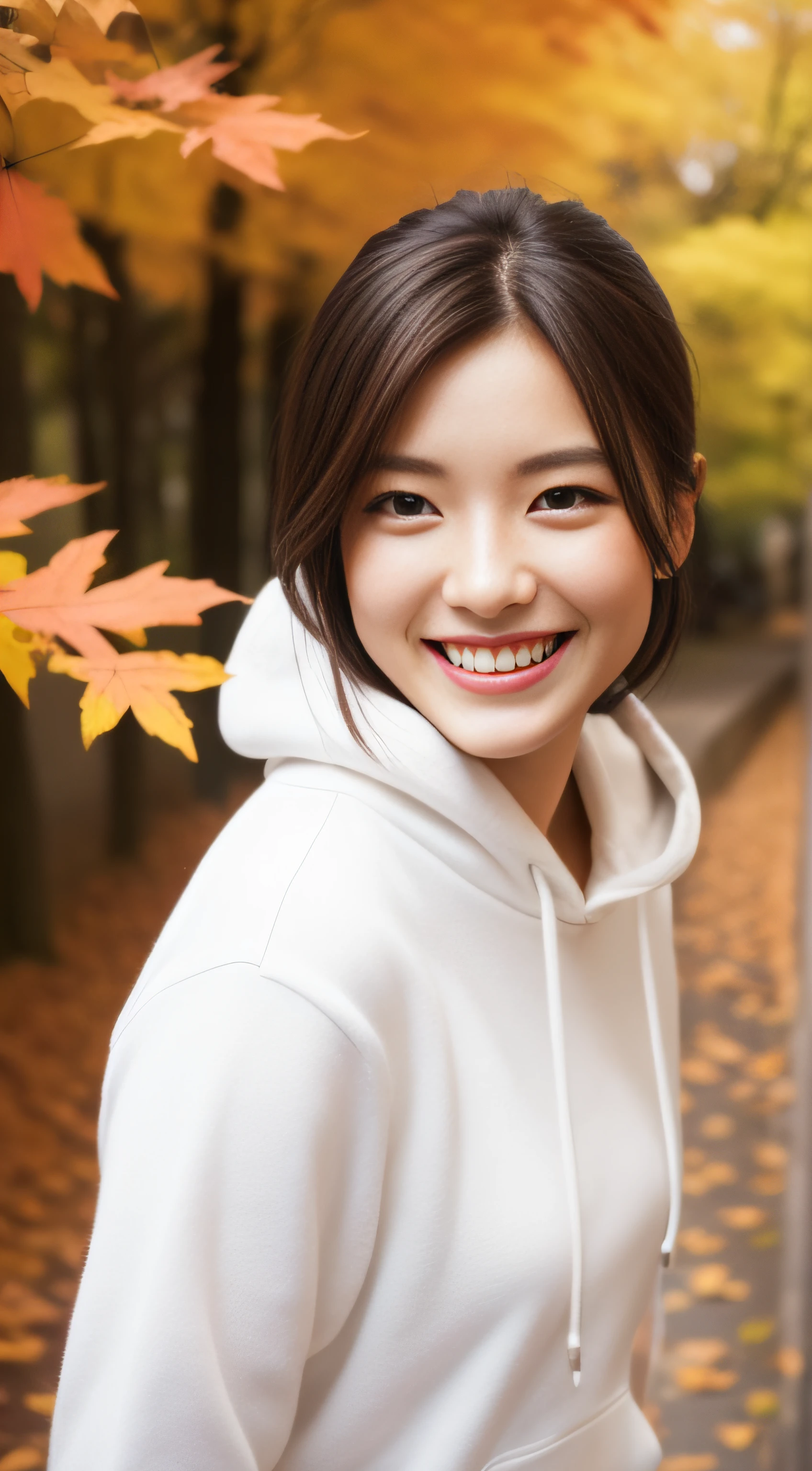 The face is a hostess、Clothes are white hoodies、hiquality、A hyper-realistic、healthy、Smiling expression、Slender perfect figure、Japan beauties、beautidful eyes、face perfect、Beautiful skin、Trip、Autumn leaves in the background