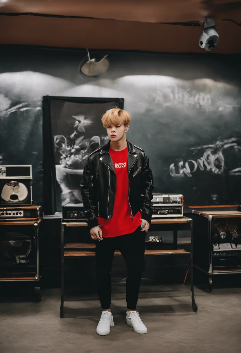 jimin do bts com cabelo loiro bem claro. membro de uma banda de rock, com jaqueta preta e uma camiseta escrito "stupid boys". em seu studio, with a drum kit in the background and a wall with band posters and graffiti. 
Make it realistic