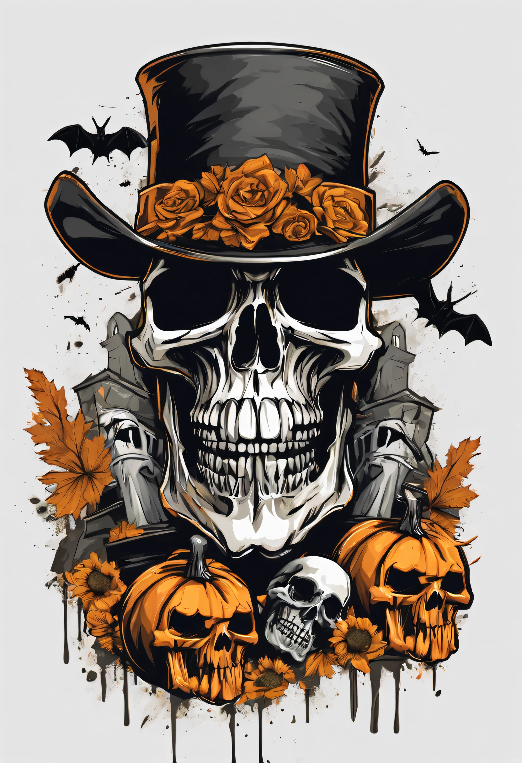 High quality design vector style image, t-shirt printing style, death skull graphic art, white background realistic colors, Halloween theme graphic design style, random cemetery scene