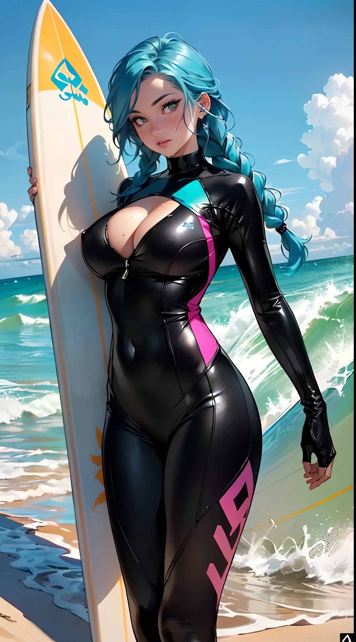 sporty girl,(((1girl))),((girl with surfboard)),

(large breasts:1.4),saggy breasts,(glowing eyes),(((green_eyes:1.2))),(((black sclera:1.5))),symmetrical eyes,((fat)),(((lustrous skin:1.5,bright skin: 1.5,skin tanned,shiny skin,very shiny skin,shiny body,plastic glitter skin,exaggerated shiny skin,illuminated skin, wet legs))),(spider lower abdomen,narrow waist,wide hip,athletic body,inflated legs,detailed body,(detailed face)),((Surfer hairstyle, Persian blue hair,blue hair,long braids on the hair,turquoise highlights hair)), dark brown skin,

cute,slutty,seductive,erotic,((nsfw)),

((blue surfer suit)) ,((surfboard:1.5)), (cleavage), ((Surf Uniforms)),((wet clothes,intricate outfit,intricate clothes)),

(dynamic pose:1.0),embarrassed,(centered,scale to fit dimensions,Rule of thirds),

cyberpunk city by the ocean at night, with bright neon signs and dark stormy clouds and puddles, scenery:1.25,

artistic photography,(photography taken by sldr),highres, sharp focus, (ultra detailed, extremely detailed), (photorealistic artwork:1.37),(extremely detailed CG unity 8k wallpaper),((synthwave background theme)),(((vibrant colors))),(intricate background),(masterpiece),(best quality),