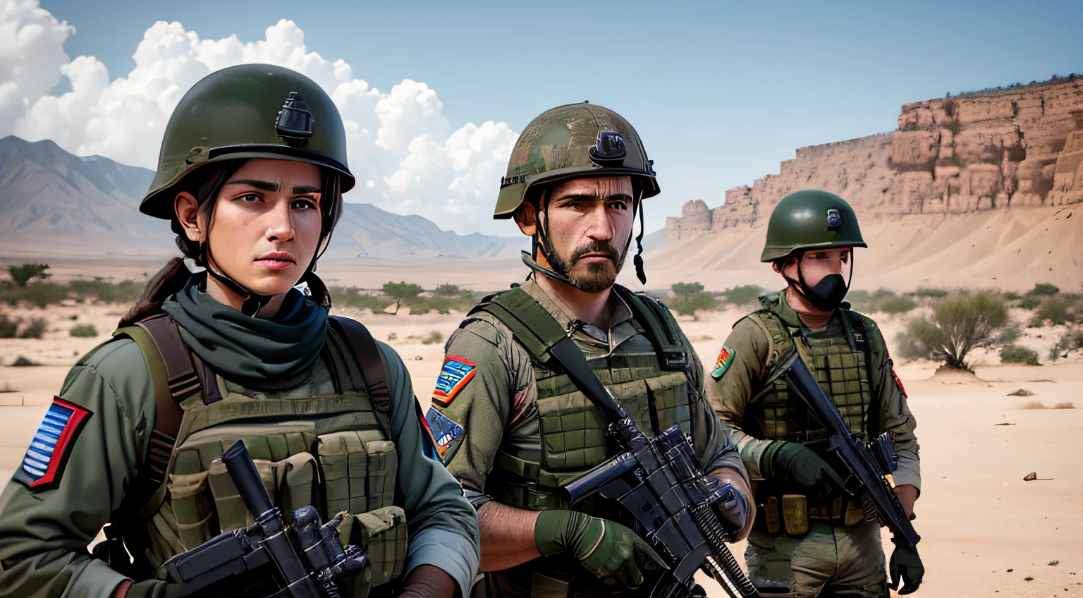 (A Realistic,fotorrealista:1.37),Soldado israelense,Soldado palestino,melhor qualidade,HDR,ultra-detalhado,Retratos,conflito,War-torn region,deserto scenery,uniforme,arma,Protective equipment,Clima tenso,Checkpoints,Hope for Peace,serious expressions,ethnic diversity,verde oliva,boina azul,camouflage pattern,Assignments,Guarda,camaradagem dos soldados,disciplina rigorosa,Peace Talks,Peaceful resolution,Complex situation,conflito duradouro,Symbol of hope,History of conflict,Tensions,unidade,Separation Barrier,arame farpado,postura orgulhosa,Quiet determination,impacto emocional,truce,vive na linha,Pacificadores,soldados na fronteira,International intervention.