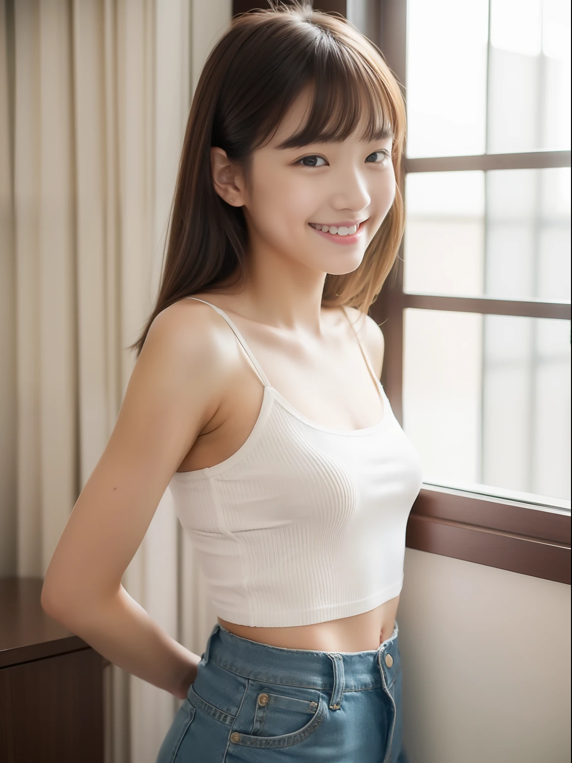 A beautiful Japanese shy girl, Age 18 years, Brown short hair, Big brown eyes, Shiny lips, shiny hair, Ecstatic expression, Wearing a white top, Plaid Mini Skirt, In front of the huge window, The background is very blurry, Lean forward