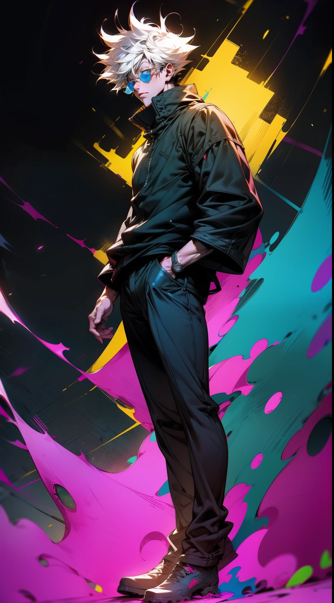 masterpiece, best quality, 1boy, (Gojo), jujutsu kaisen, short hair, white hair, standing, black clothes, sunglasses, aura power, night, natural light, flying above the city, electric background, blue eyes, detailed face, detailed eyes, tall guy, long legs, tight clothes, thin body, male focus, movie composition, deth of field, bokeh, (futuristic), (full body), (masterpiece), best quality, expressive eyes, perfect face,