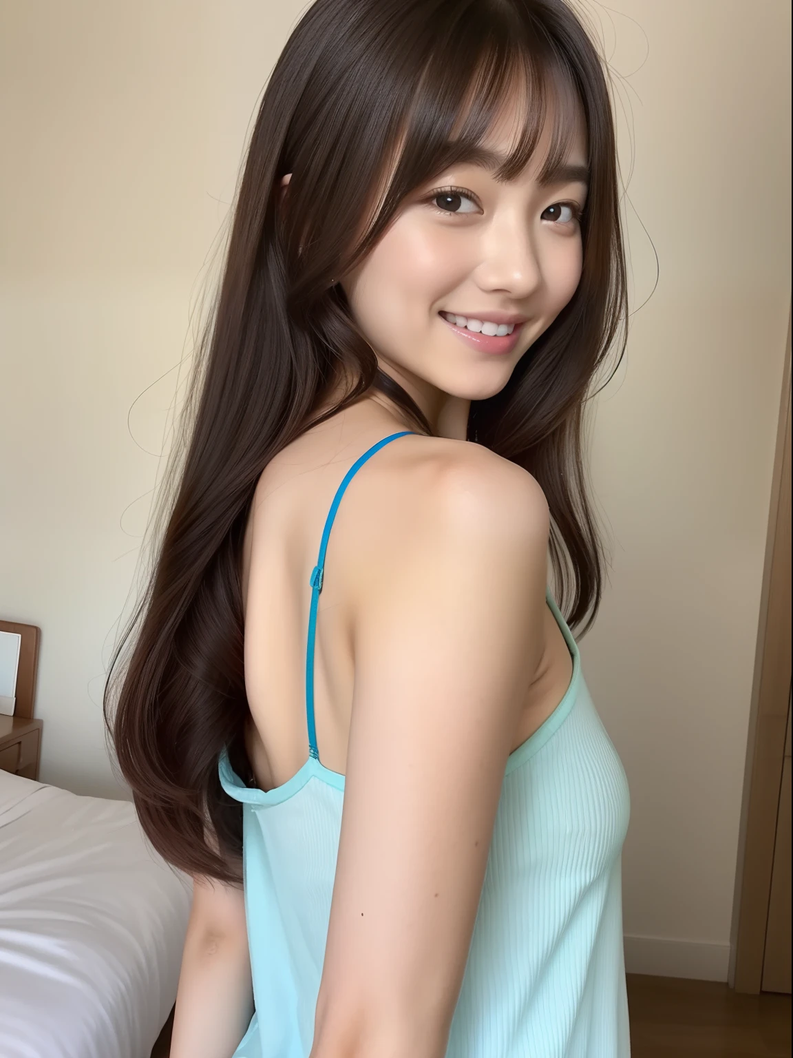 Beautuful Women、 、FULL BODYSHOT、perspiring、Camisole、Bedroom、Idol、bangss、A smile、from behind