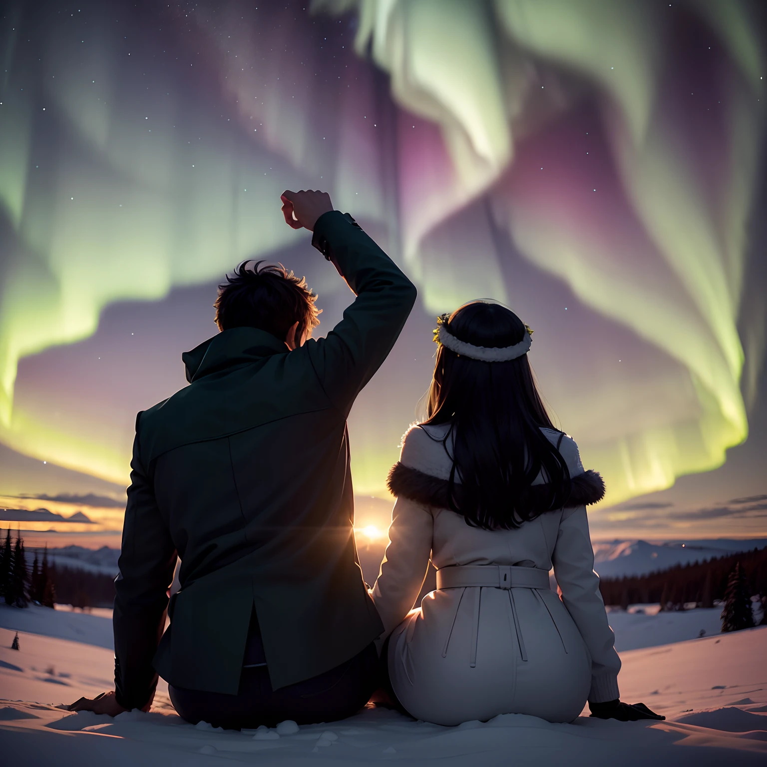 Backview, silhouettes of a romantic couple, sitting on a top of a hill, wearing winter clothes, looking at the Aurora in the sky, dancing light of aurora on the wide starry sky, aurora mostly in green tones, snowy landscape, aurora is the only light visible. highly detailed, photorealistic