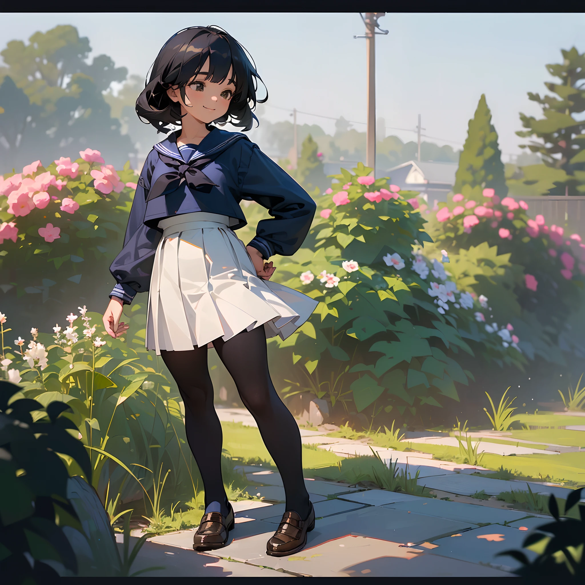 (Best Quality, hight resolution, Ultra-detailed, Realistic:1.37), peaceful ambiance, (plein air, garden), Teenage girl standing alone, Beautiful detailed features, Cute smile, ((Black bob hair)),Navy blue sailor suit, Pleated skirt,Black tights,Brown leather shoes.