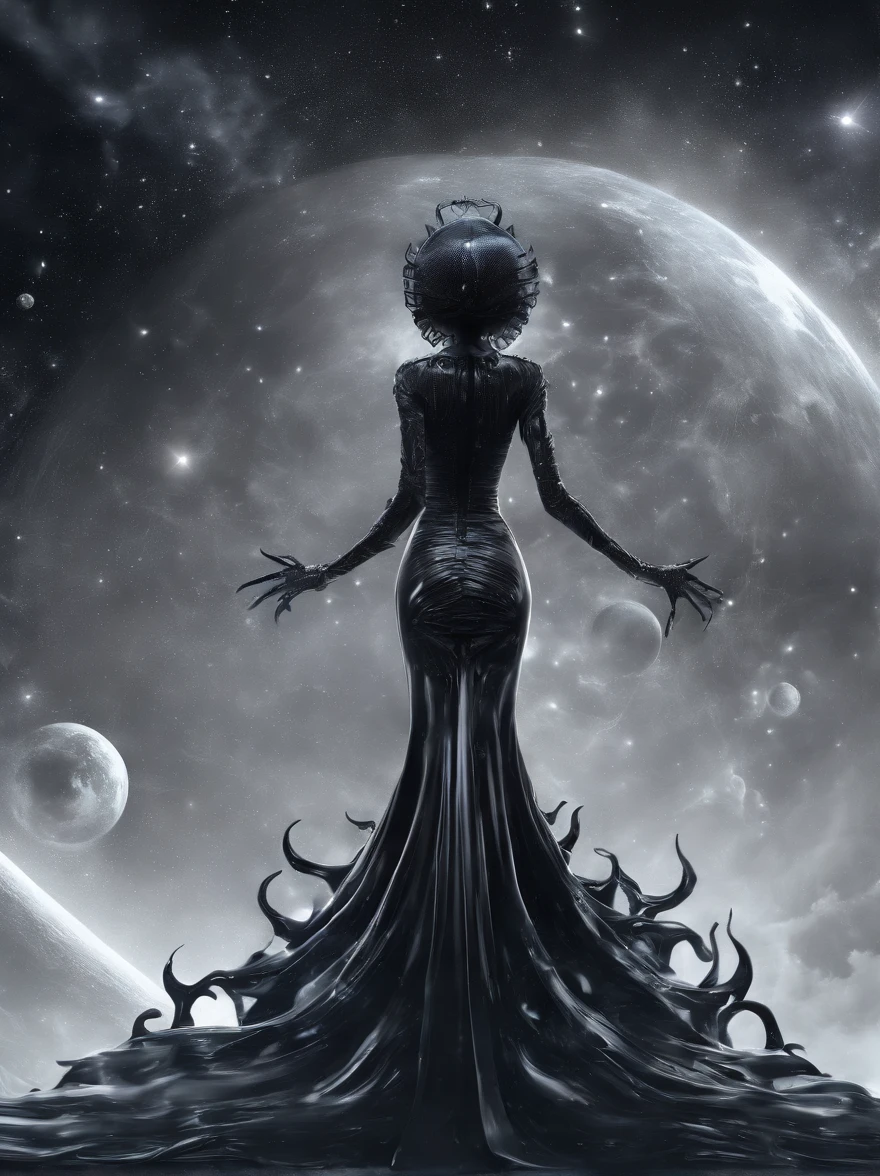 (back view,    naked woman, STANDING LEGS APART, black patent high heels, black latex stockings, black latex gloves) dramatic angle, extreme angle shot, low-angle shot, wide-angle shot, dark moody storm-clouds sky, lovecraftian,visceral,nightmare,tentacles,dreadful humanoid,imagination,fantastical,dramatic,dark tones,paranormal,macro lens,surreal juxtaposition,lovecraftian,cosmic horror,horror,c'thulhu background