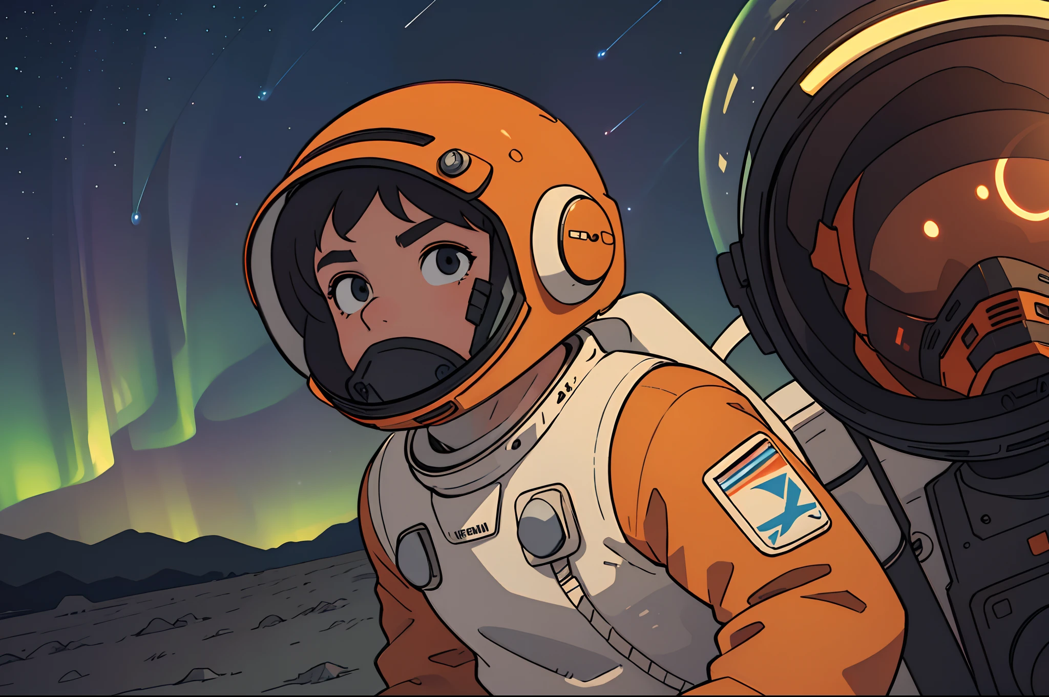 Close up, lateral view of an astronaut, face visible through the helmet, orange suit, he is watching the dancing lights of the aurora in the sky of an alien planet, semidesertic alien landscape as background. Highly detailed.
