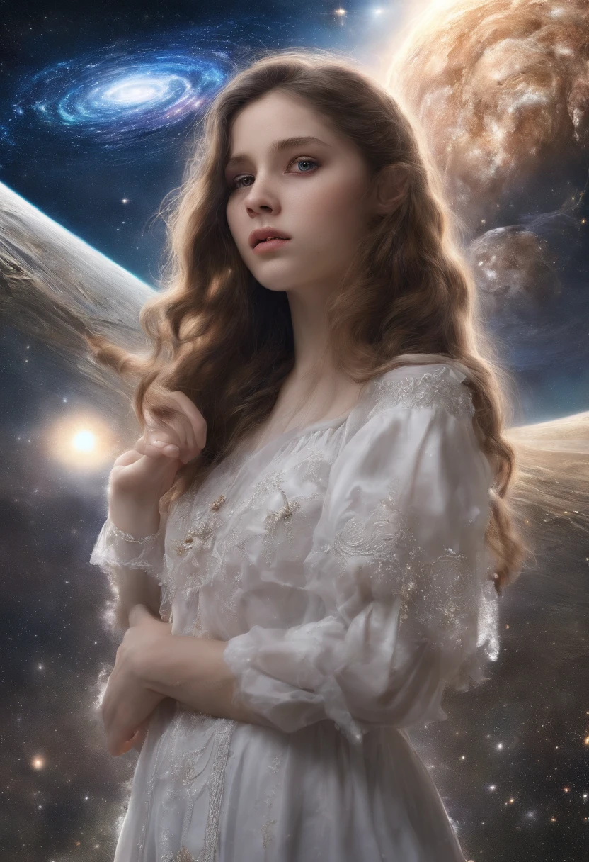 (best quality, master part), 1girl, Posar, particuls, vento, flor, parte superior do corpo, fundo simples, looking up at the audience, louro, milky ways, aesthetic