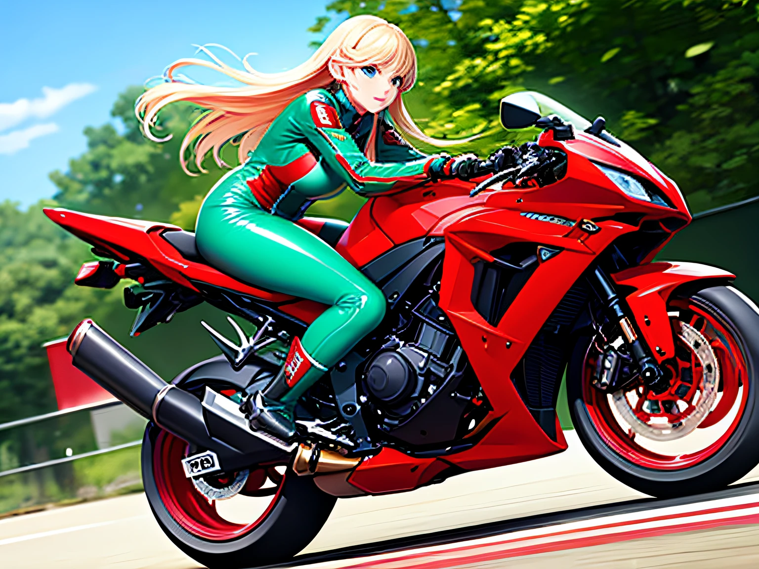 One woman riding a red motorcycle、Blonde blue-eyed、Green Rider Suit、Sense of speed