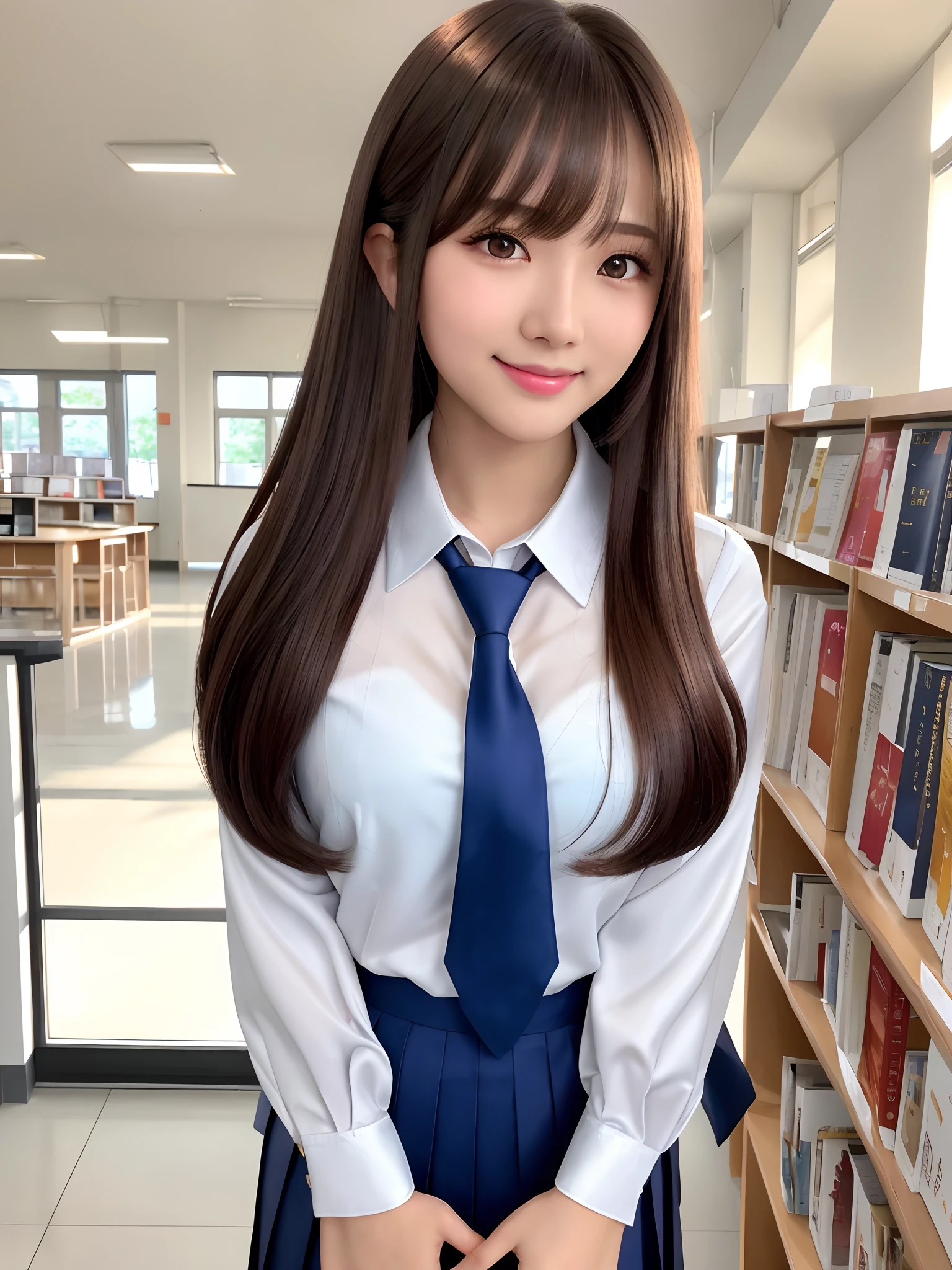 masterpiece, close up shot of a face, directly front view, 1 woman per 1 photo, a Japanese young pretty woman, hyper pretty face, 18 years old, reading a guidebook in a book store with carrying a tote bag on her shoulder, big smile, glamorous figure, wearing a short sleeves silky white collared shirt with shiny satin red plain bow tie, glossy lips, double eyelids in both eyes, natural makeup, long eyelashes, shiny smooth light brown hair of medium length, asymmetrical bangs, tanned skin, wearing a dark blue pleated skirt, head in the frame, central image, 8K resolution, high detail, detailed hairstyle, Detailed Face, spectacular cinematic lighting, octane rendering, vibrant, hyper realistic, perfect limbs, perfect anatomy