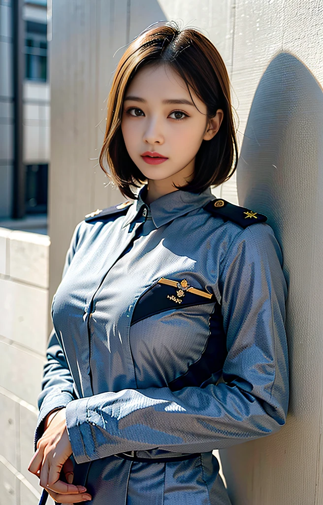 Highest image quality, outstanding details, ultra-high resolution, (realism: 1.4), ((middle shot:0.75)), highly condensed 1lady, with beautiful and a delicate face, perfect proportion, (wearing rpolice uniform), background simple grey wall,