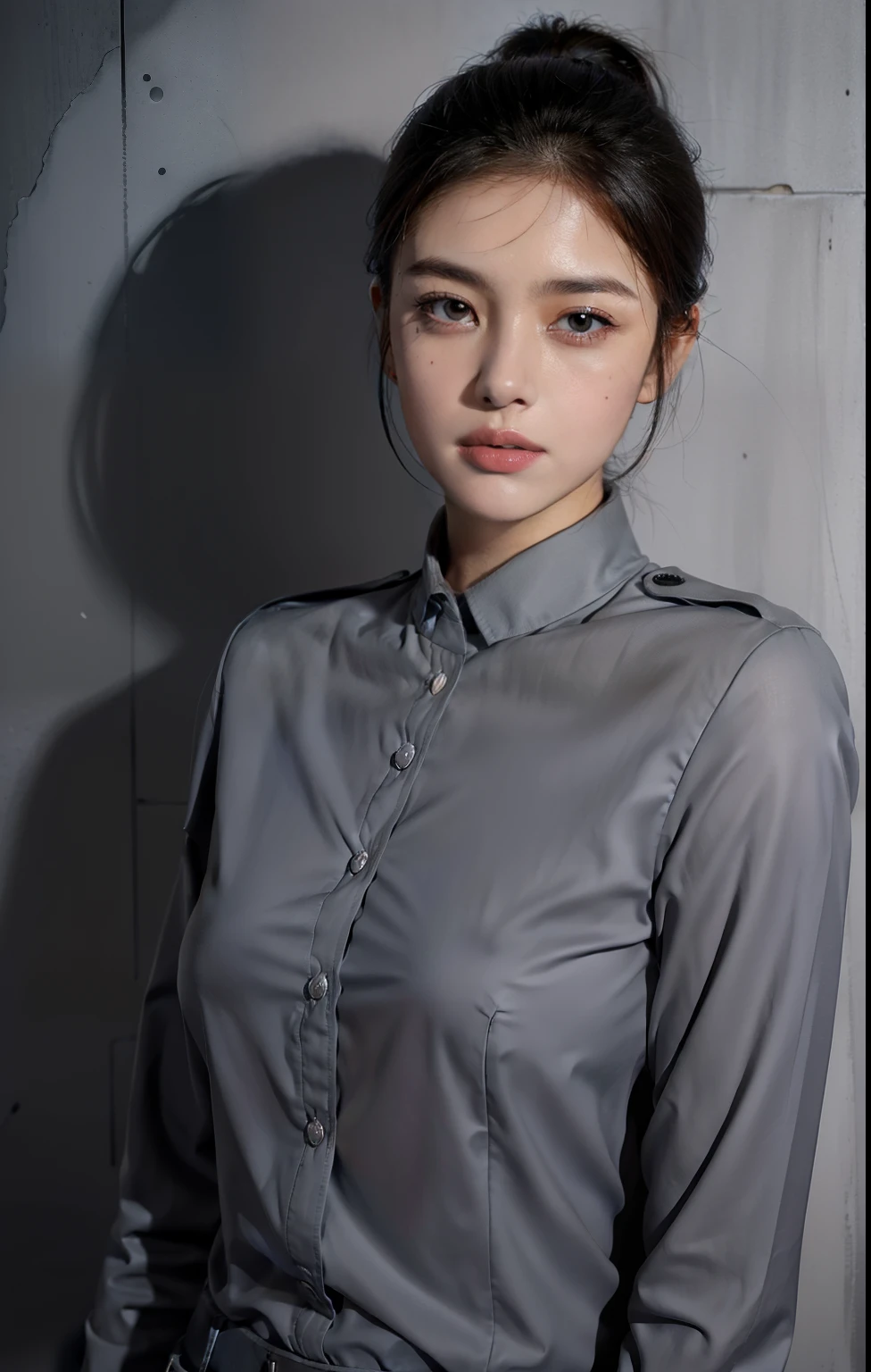 Highest image quality, outstanding details, ultra-high resolution, (realism: 1.4), ((middle shot:0.75)), highly condensed 1lady, with beautiful and a delicate face, (wearing police uniform), background simple grey wall,