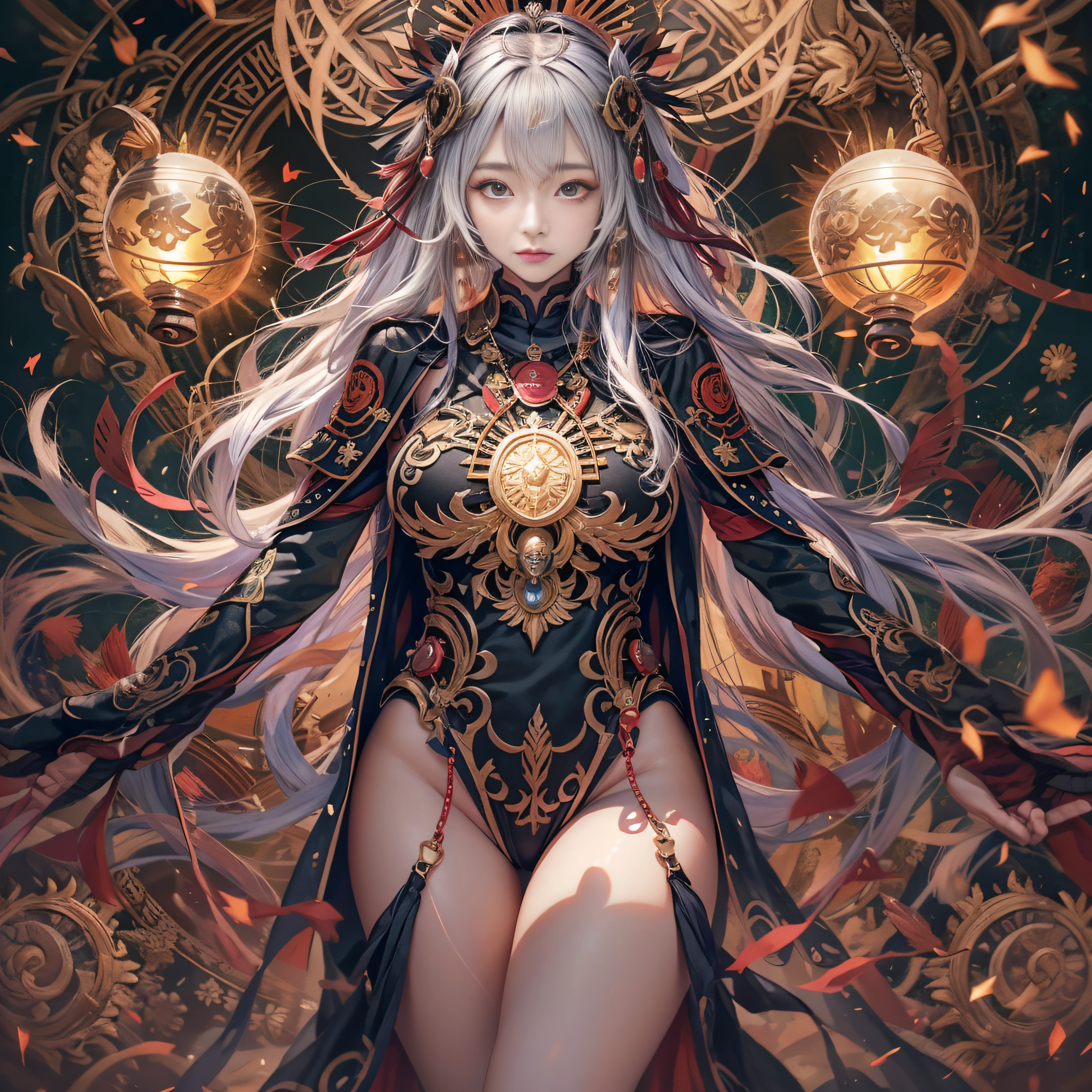 masutepiece, Best Quality,Unity 8k壁纸, ultra-detailliert, Beautiful and aesthetic, Beautiful, Official art, Amaterasu Priestess, SanDisk, Solar Flare Spell, Blessing of the Sun Goddess, ,divine intervention,Colossal tits、full body Esbian、A bell hangs on his chest huge udder High exposure Black costume Black Impulse
