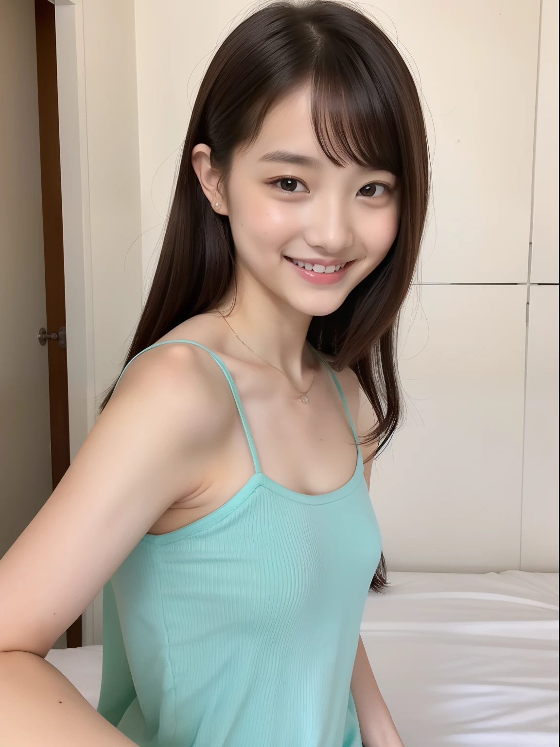 ((Best Picture Quality, 8k, tmasterpiece:1.3)), 1girl, Beautiful woman with slender abs:1.3, (Casual hairstyle, Leaky big breasts:1.2), shift dresses:1.1, Ultra-fine face, A detailed eye, 二重まぶた,ssmile,浴室