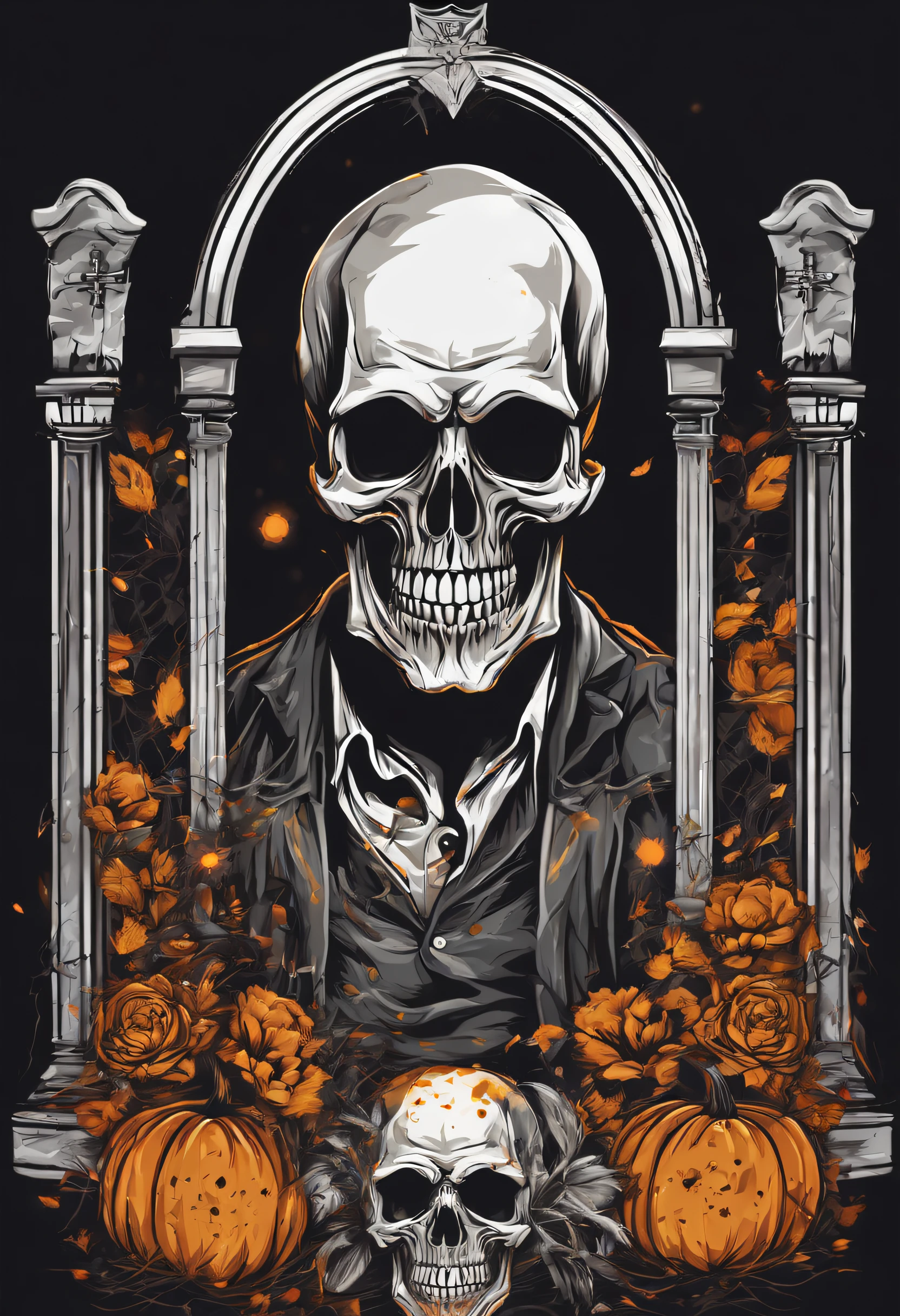 High quality design vector style image, t-shirt printing style, death skull graphic art, white background realistic colors, Halloween theme graphic design style, random cemetery scene