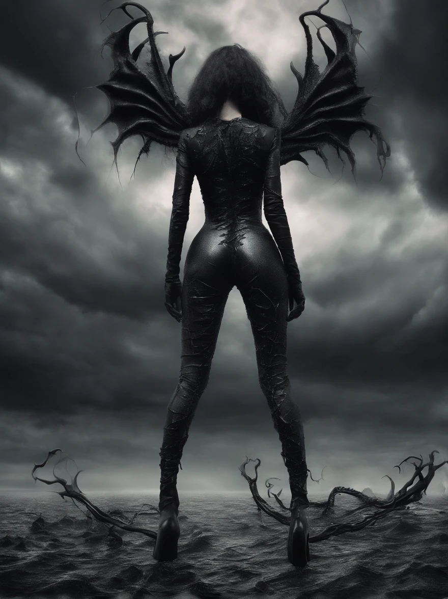 (back view, naked woman, STANDING LEGS APART, black patent high heels, black latex stockings, black latex gloves) dramatic angle, extreme angle shot, low-angle shot, wide-angle shot, dark moody storm-clouds sky, lovecraftian,visceral,nightmare,tentacles,dreadful humanoid,imagination,fantastical,dramatic,dark tones,paranormal,macro lens,surreal juxtaposition,lovecraftian,cosmic horror,horror,c'thulhu background