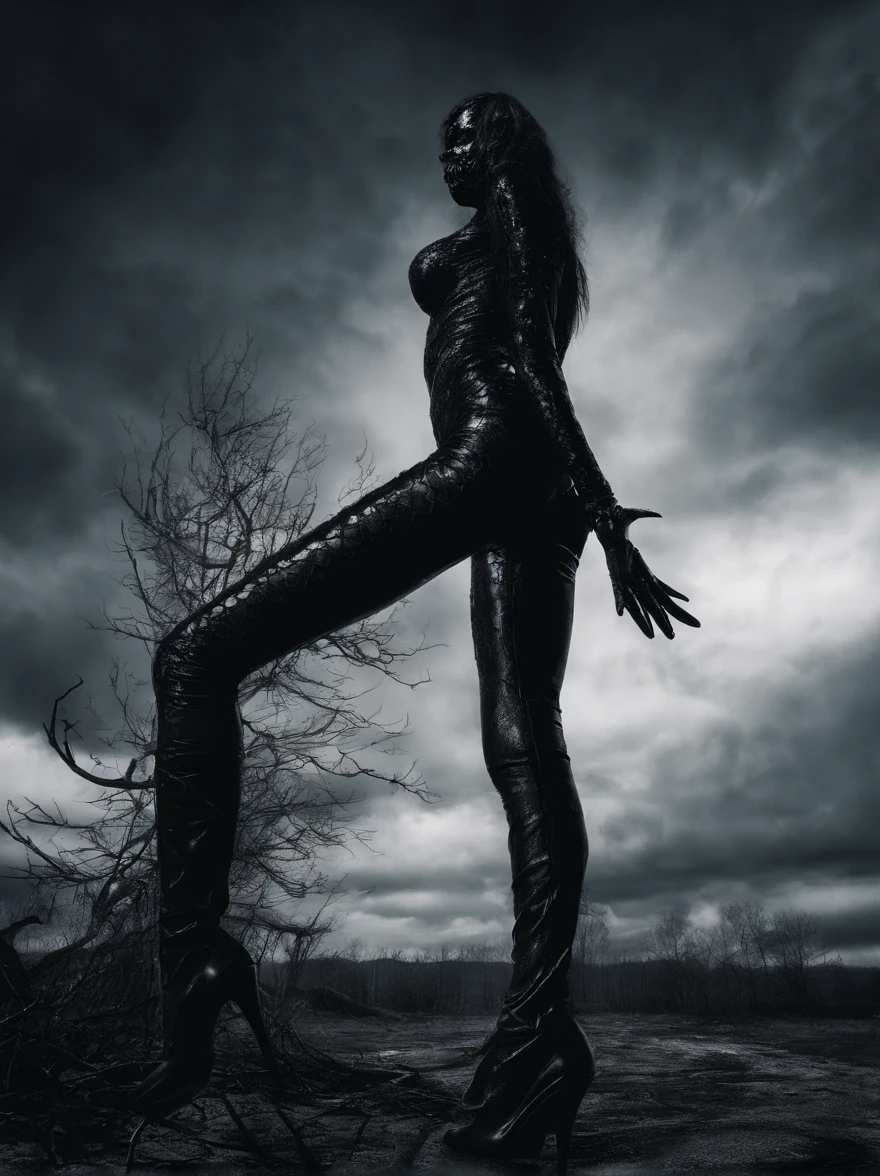 (back view,    naked woman, STANDING LEGS APART, black patent high heels, black latex stockings, black latex gloves) dramatic angle, extreme angle shot, low-angle shot, wide-angle shot, dark moody storm-clouds sky, lovecraftian,visceral,nightmare,tentacles,dreadful humanoid,imagination,fantastical,dramatic,dark tones,paranormal,macro lens,surreal juxtaposition,lovecraftian,cosmic horror,horror,c'thulhu background