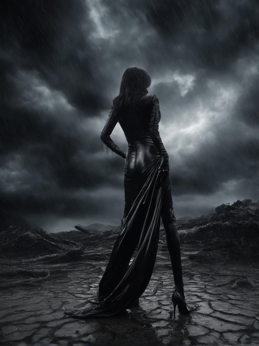 (back view,    naked woman, STANDING LEGS APART, black patent high heels, black latex stockings, black latex gloves) dramatic angle, extreme angle shot, low-angle shot, wide-angle shot, dark moody storm-clouds sky, lovecraftian,visceral,nightmare,tentacles,dreadful humanoid,imagination,fantastical,dramatic,dark tones,paranormal,macro lens,surreal juxtaposition,lovecraftian,cosmic horror,horror,c'thulhu background