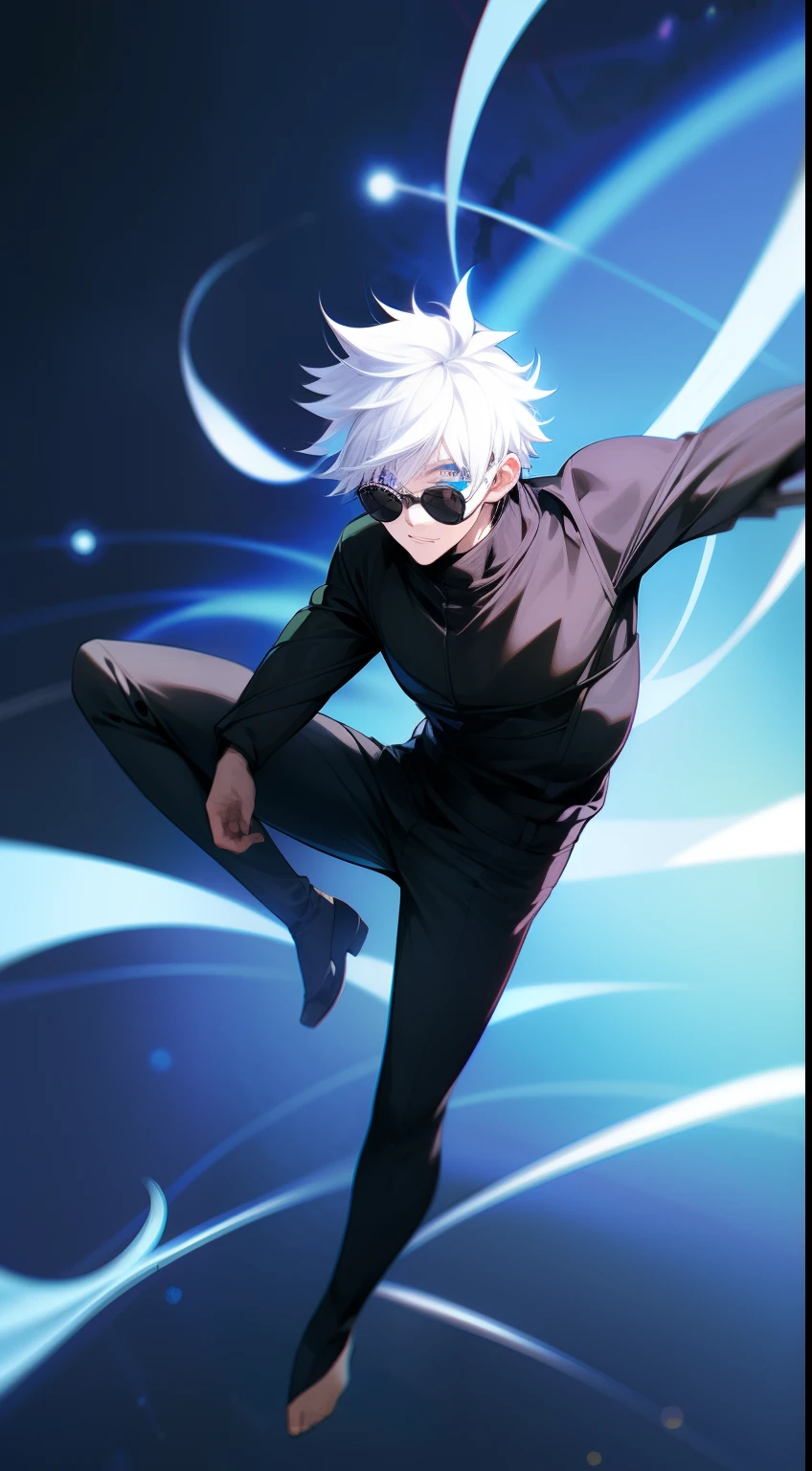 Anime guy in black outfit jumping in the air with his legs spread 