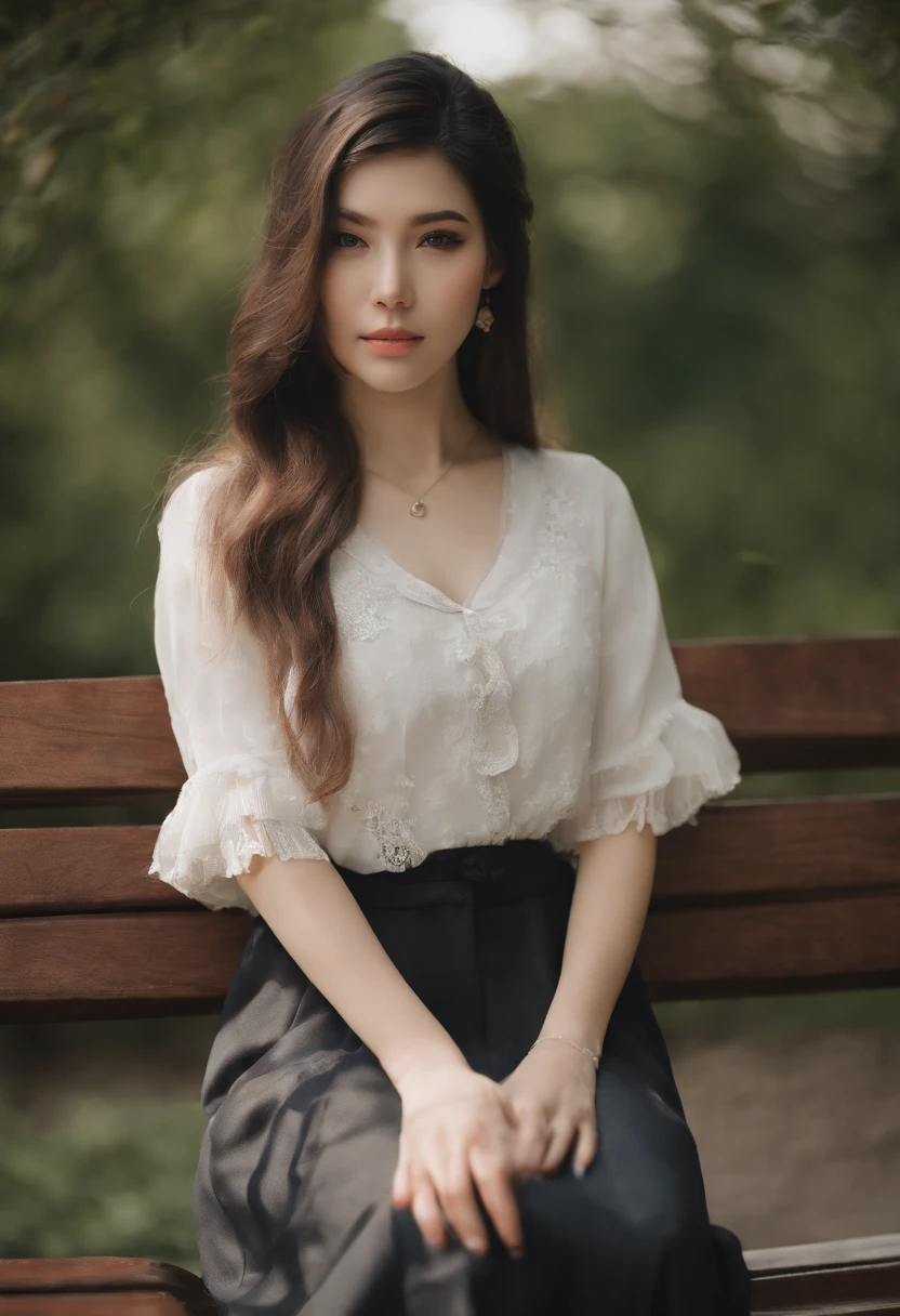 a young 18 year old slim sexy french woman on a bench, black rolled-up sleeves shirt, skirt, extremely detailed face, delicate features, piercing eyes, beautiful lips, long eyelashes, intricate clothing folds, realistic, photo-realistic, 8k, highly detailed, warm lighting, cinematic composition, natural colors, soft background blur